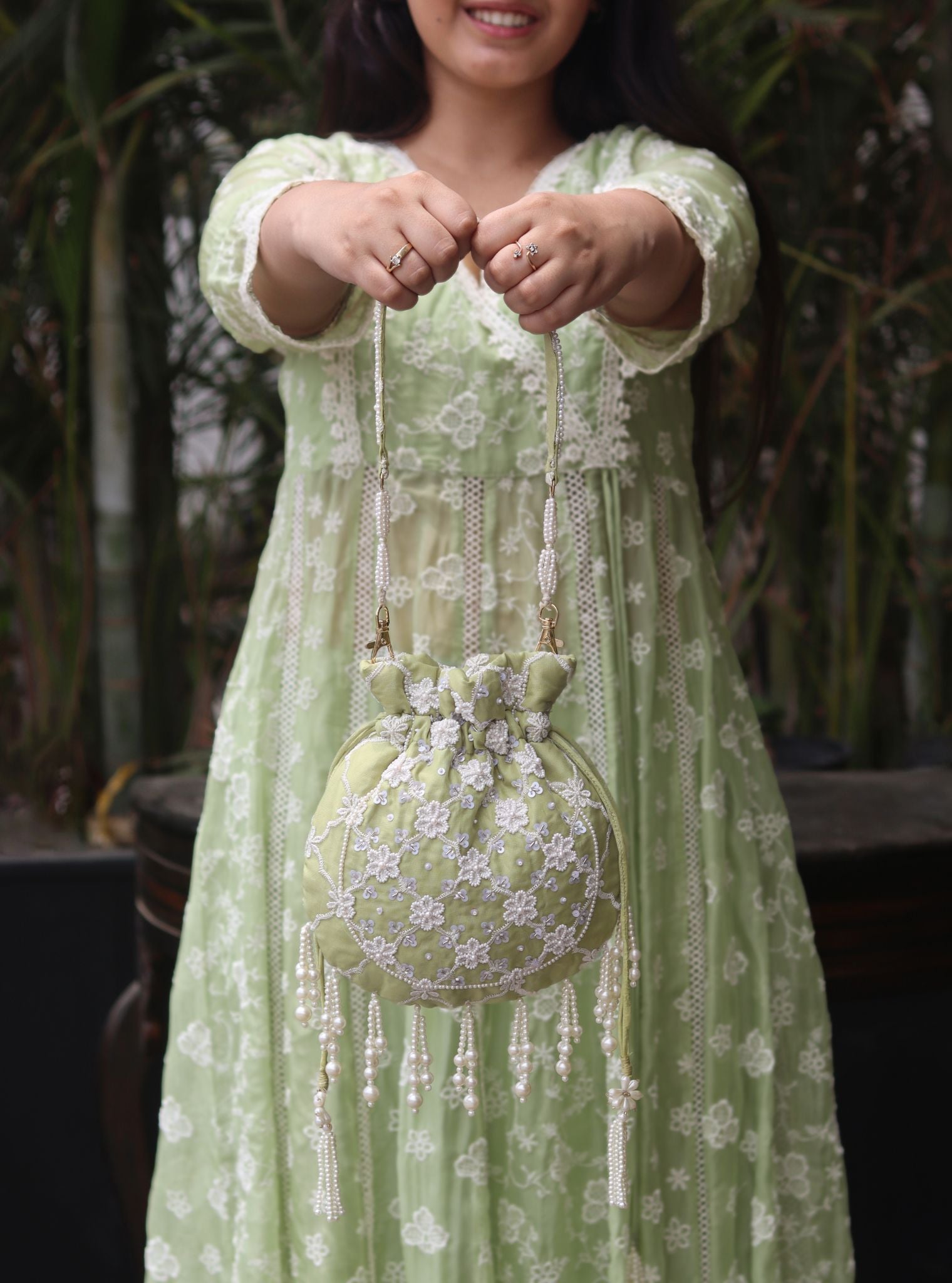 Mulmul Ruhani Lime Green Potli Bag