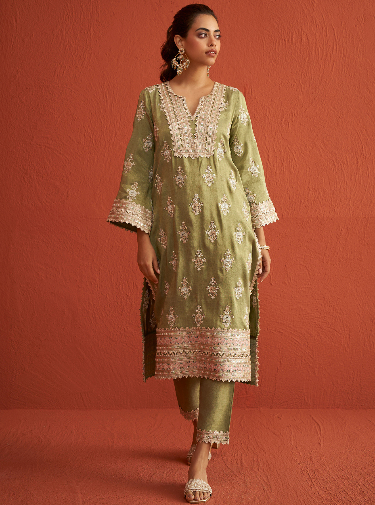 Mitthi Luxe Tissue Sage Green Kurta Set