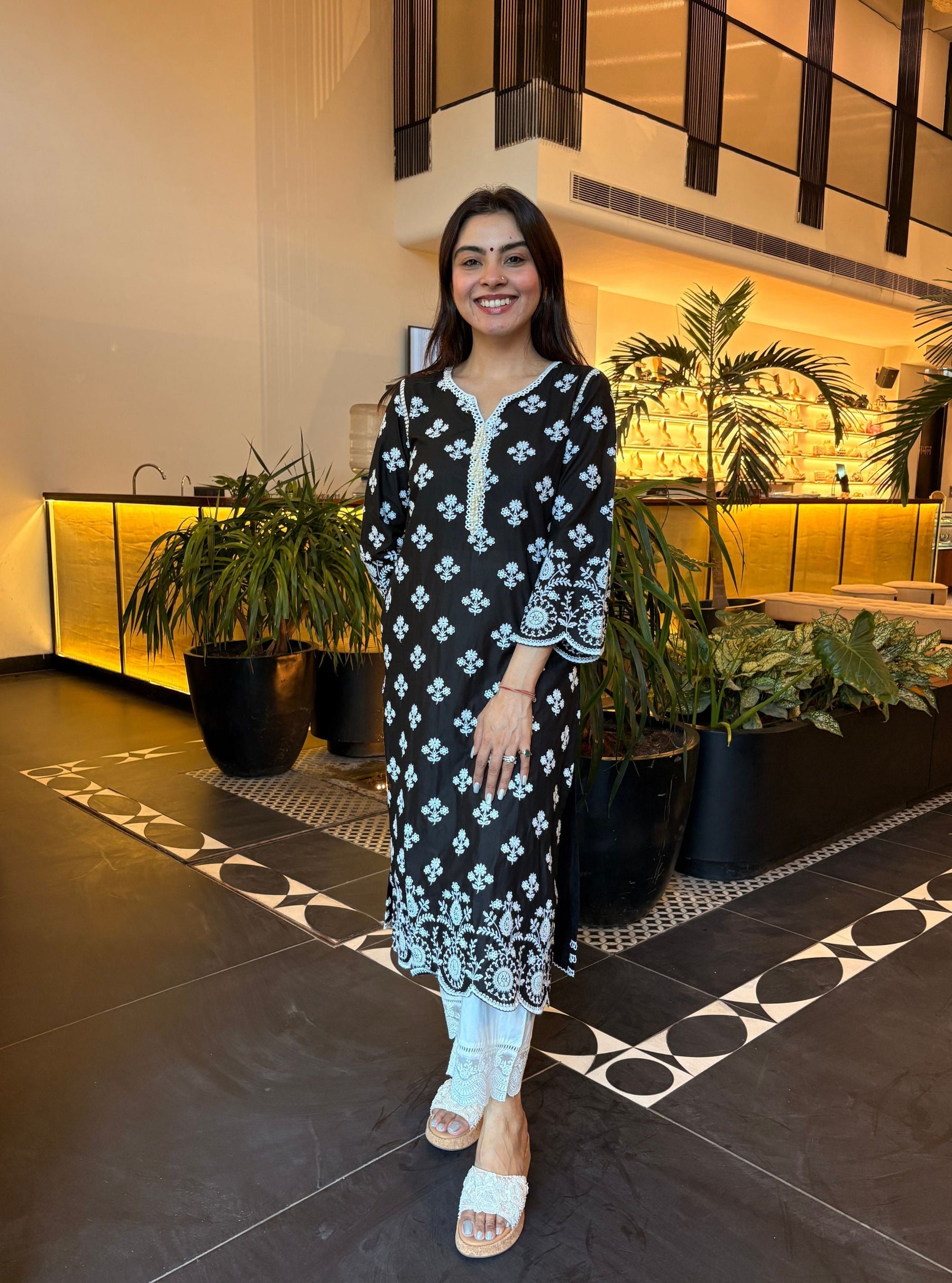 Arpora Supima Cotton Black Kurta With Floral Organza White Pyjama