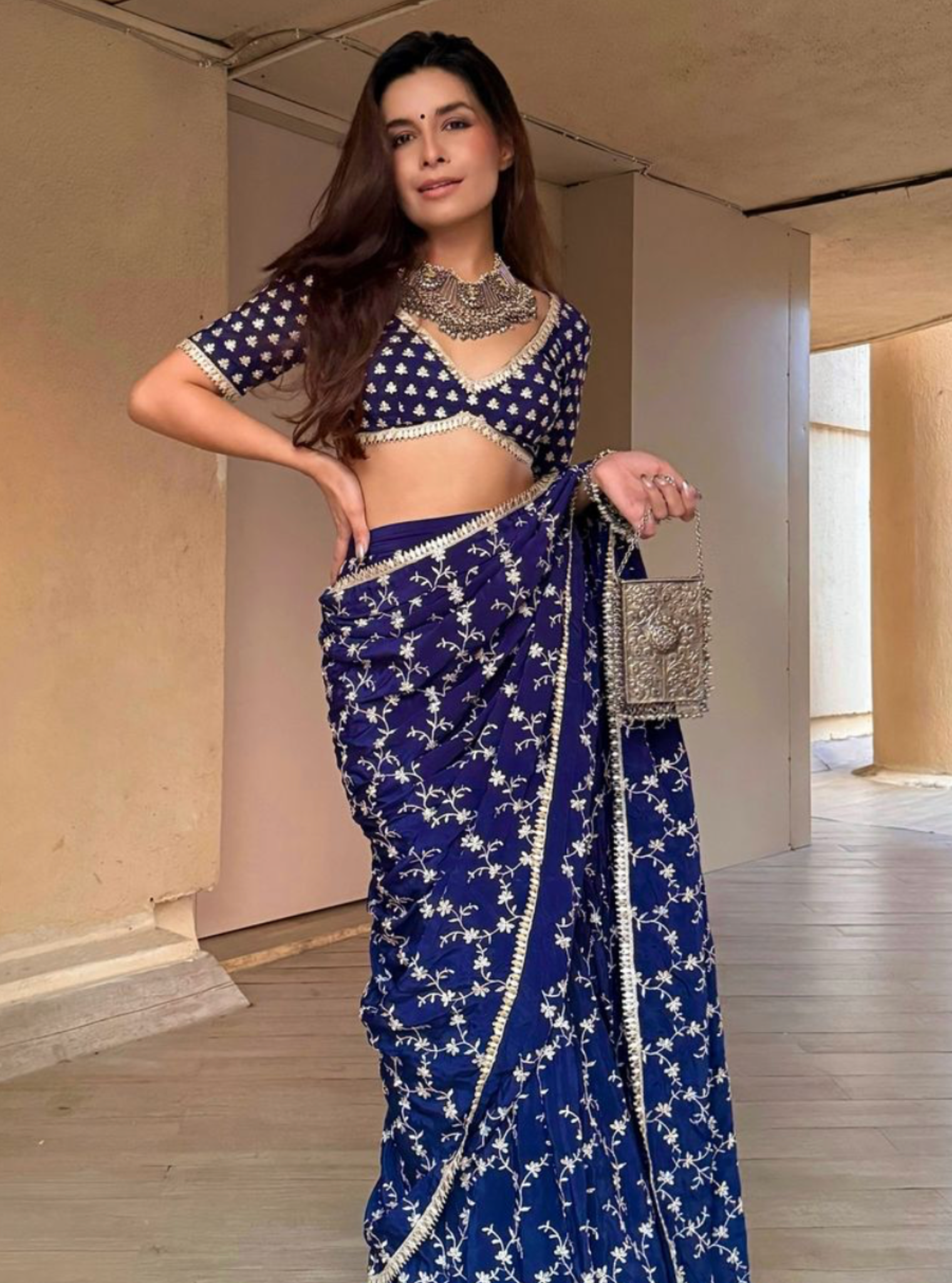 Mulmul Crepe Ayana Navy Saree