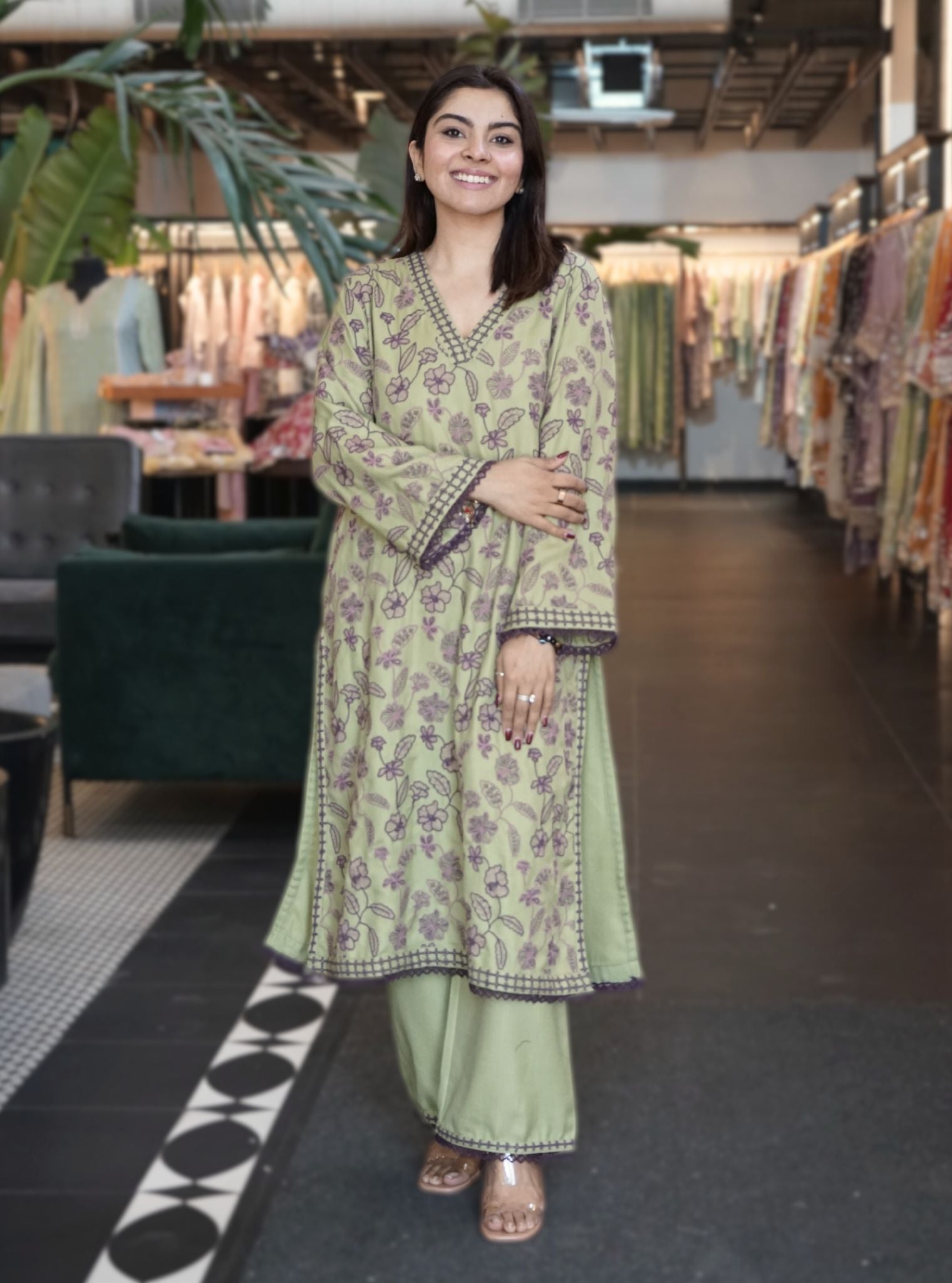 Mulmul Wool Clare Green Kurta With Mulmul Wool Clare Green Pant