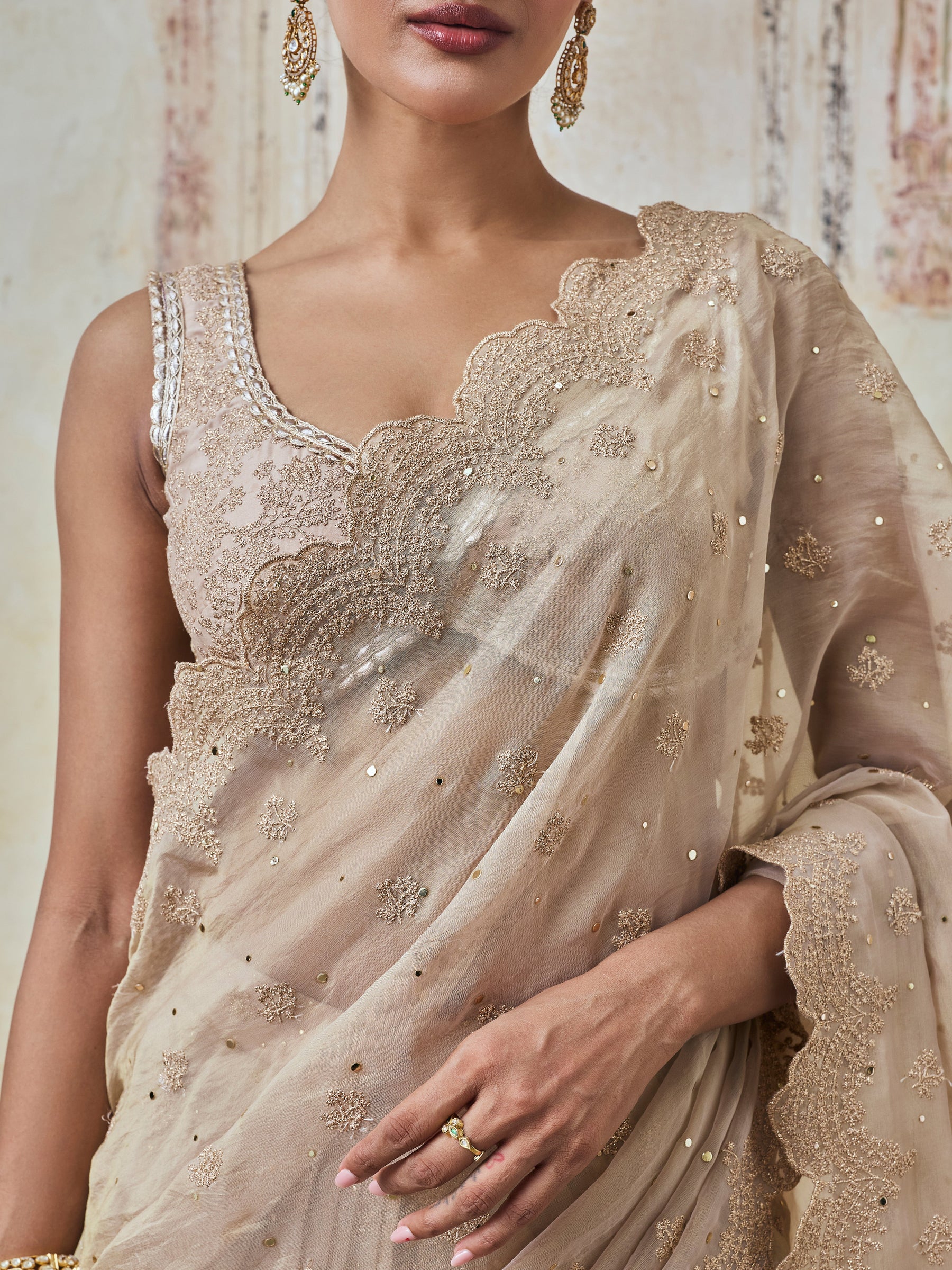 Adiva Lurex Organza Champagne Saree