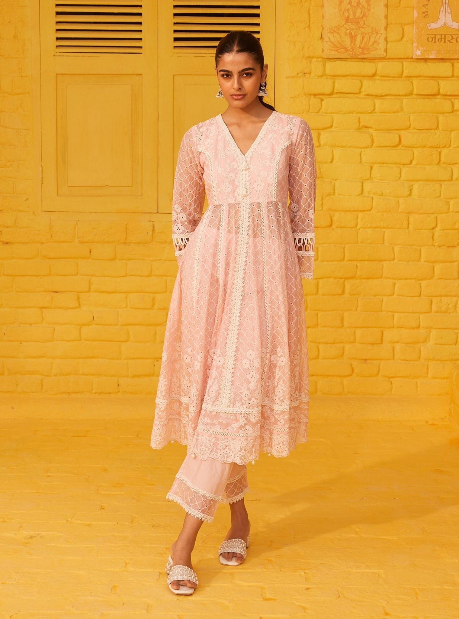 Mulmul Organza Ilaa Pink Anarkali Kurta With Mulmul Cotton Ilaa Pink Pant