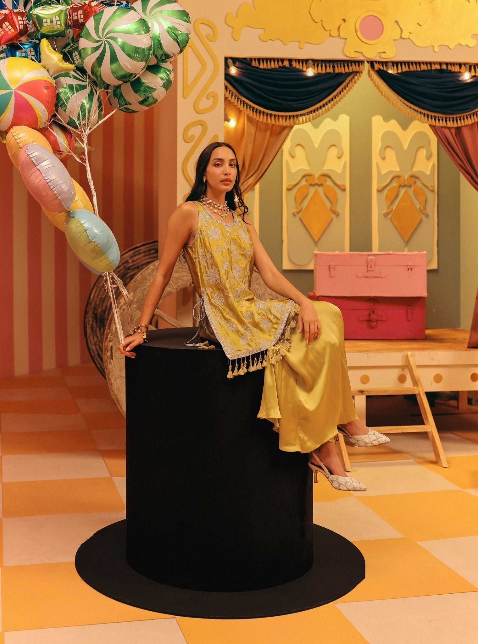 Zani Cupro Satin Lime Kurta with Draped Pants