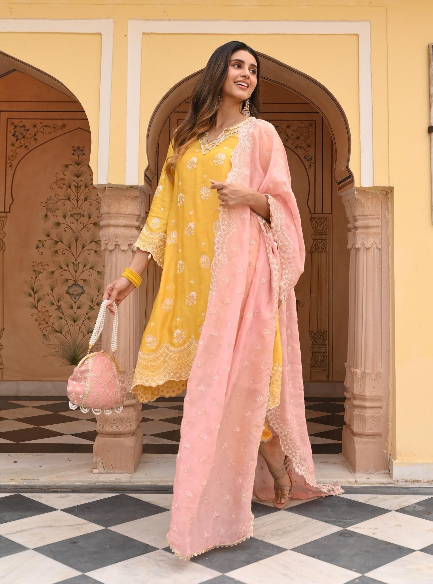 Mulmul Luxe Satin Mehar Yellow Kurta with Mulmul Luxe Satin Mehar Yellow Pant