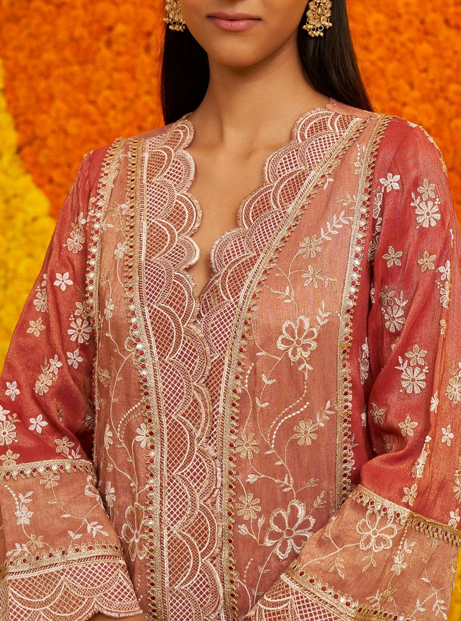 Sadke Tissue Linen Satin Red Kurta Set