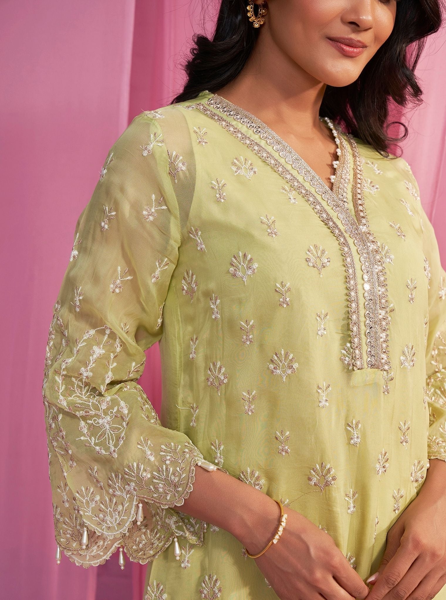 Mulmul Organza Aulia Lime Green Kurta With Mulmul Cotton Aulia Lime Green Pant