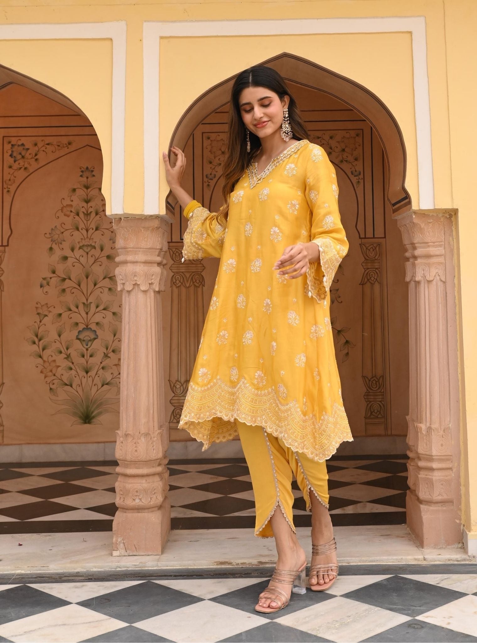 Mulmul Luxe Satin Mehar Yellow Kurta with Mulmul Luxe Satin Mehar Yellow Pant