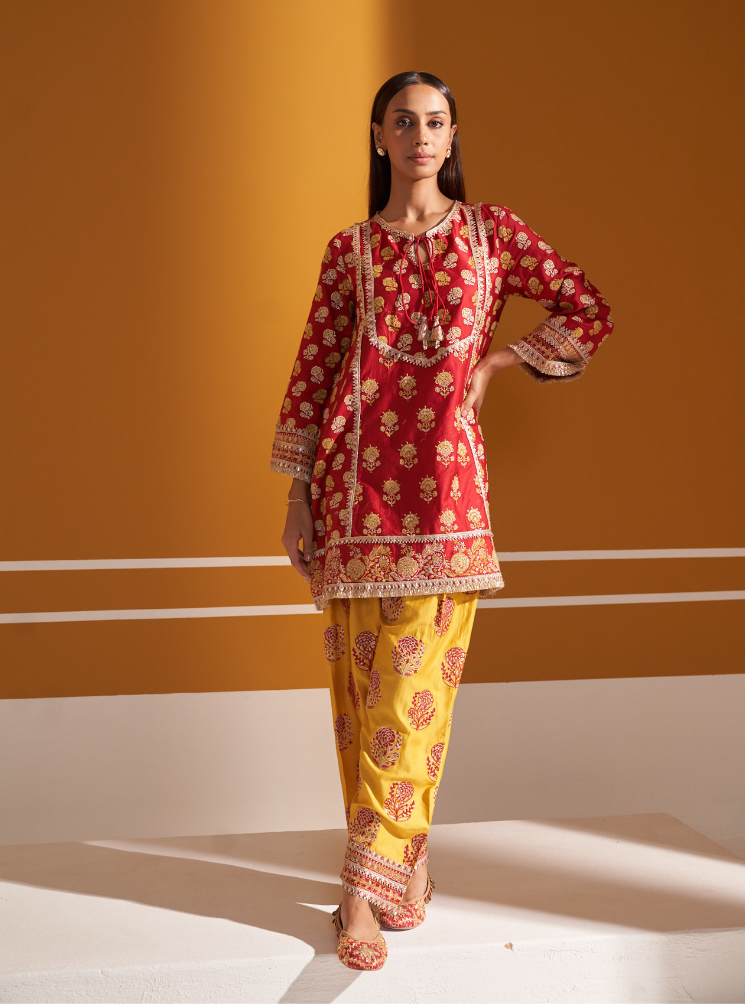 Mulmul Pima Satin Aphinya Red Kurta With Mulmul Pima Satin Aphinya Red Pant