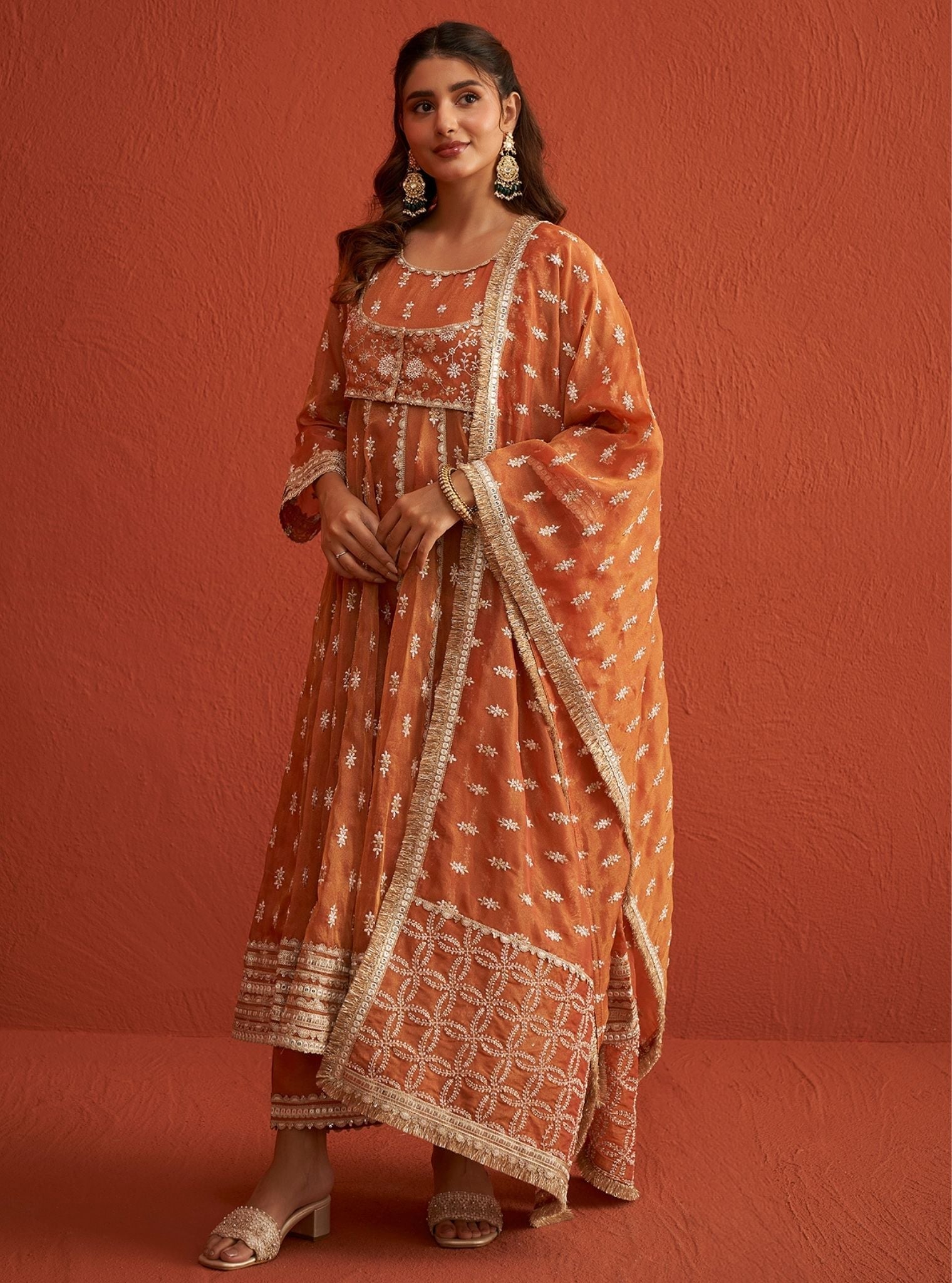 Mulmul Royal Tissue Genda Burnt Orange Anarkali Kurta With Mulmul Tissue Linen Satin Genda Burnt Orange Pant