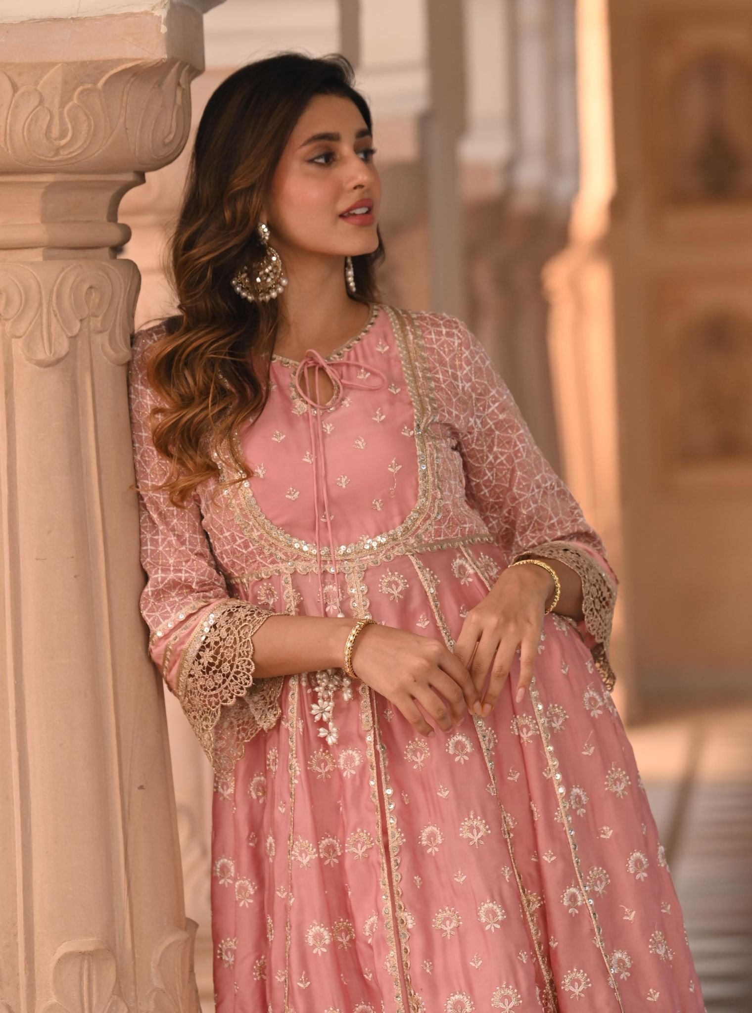 Mulmul Organza Satin Navrai Light Pink Anarkali Kurta with Mulmul Luxe Satin Navrai Light Pink Pant