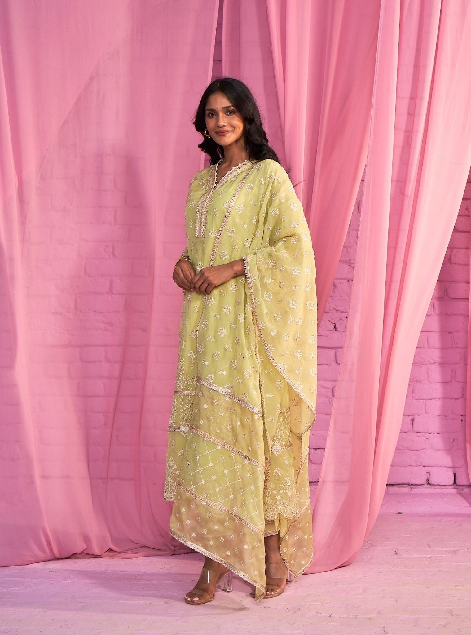 Mulmul Organza Aulia Lime Green Kurta With Mulmul Cotton Aulia Lime Green Pant