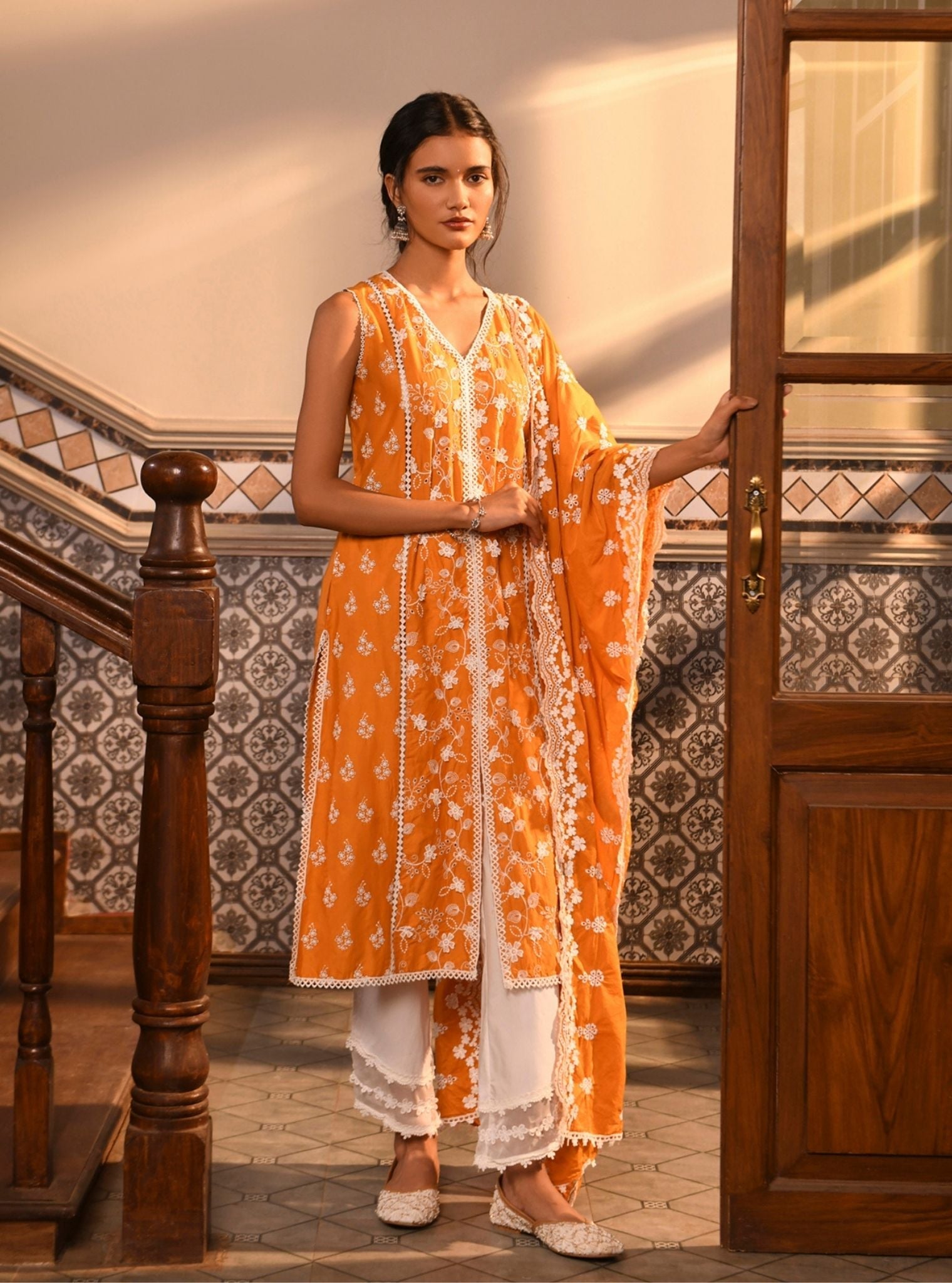 Mulmul Supima Cotton Farrin Orange Dupatta