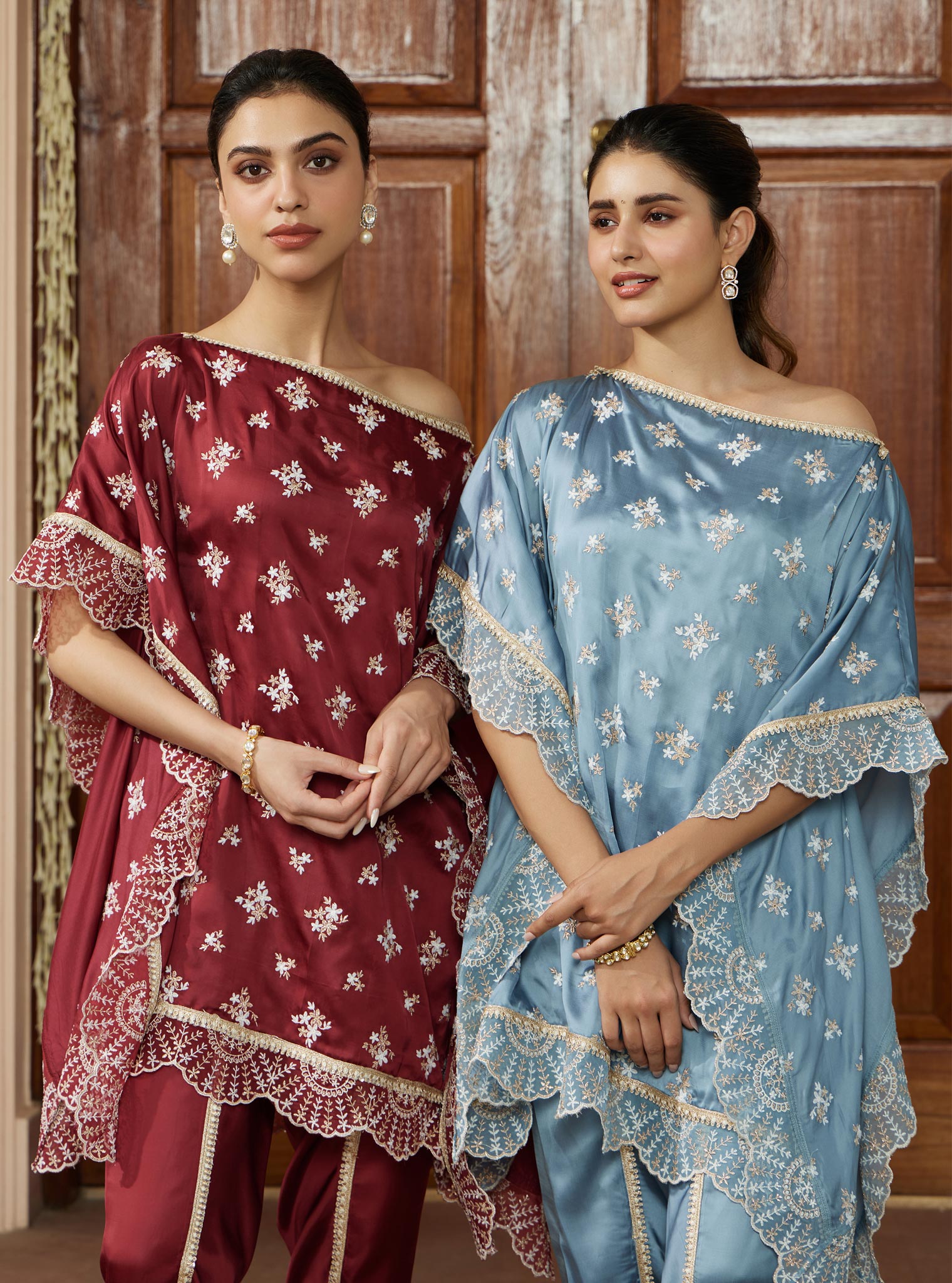 Kasuni Cupro Wine Kaftan with Dhoti Pant Set