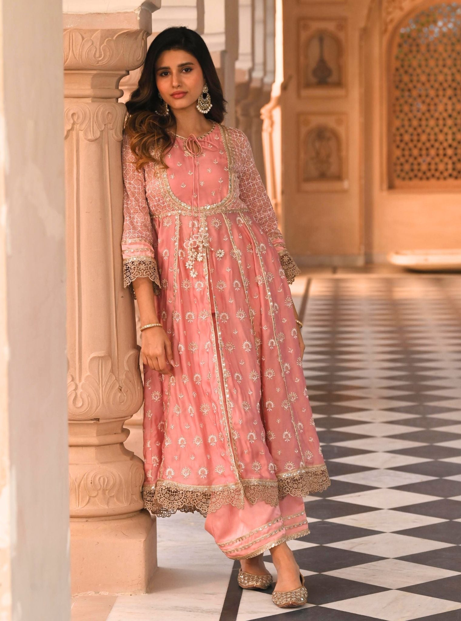 Mulmul Organza Satin Navrai Light Pink Anarkali Kurta with Mulmul Luxe Satin Navrai Light Pink Pant