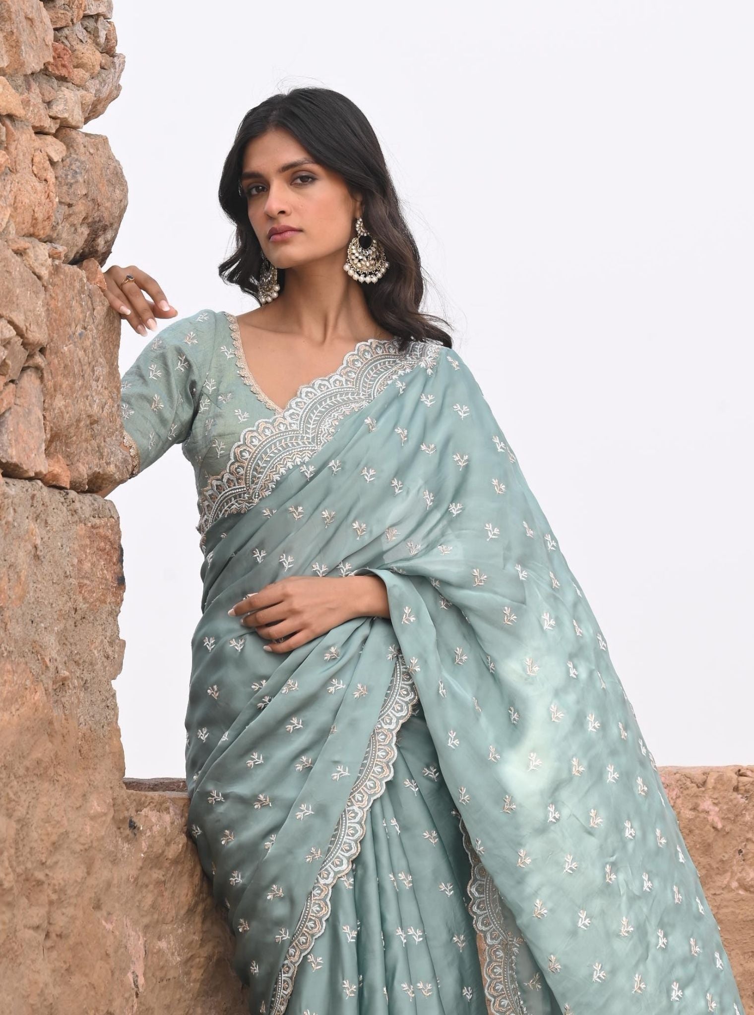 Bindiya Organza Satin Teal Blue Saree