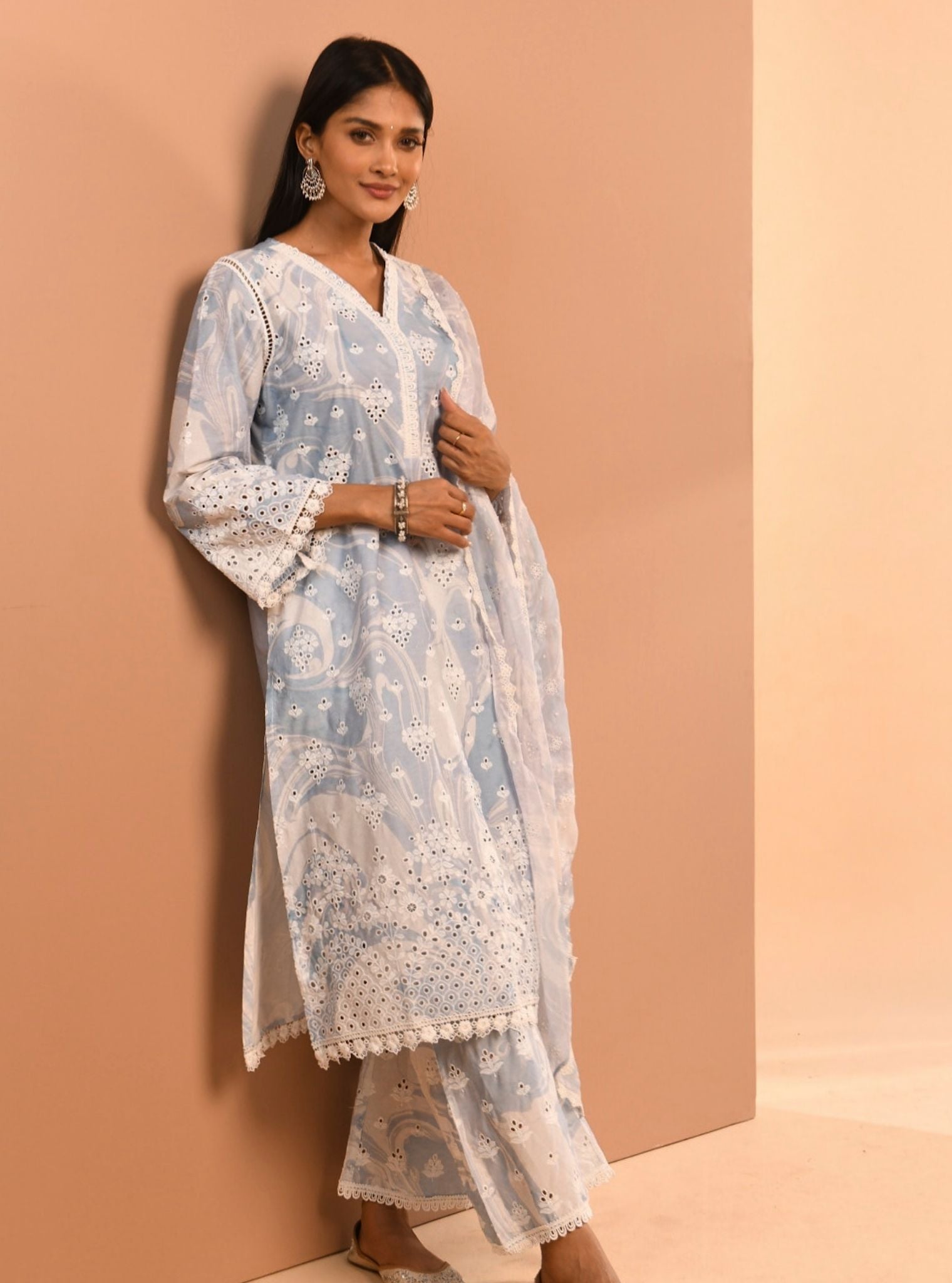 Mulmul Supima Cotton Marble Opal Blue Kurta