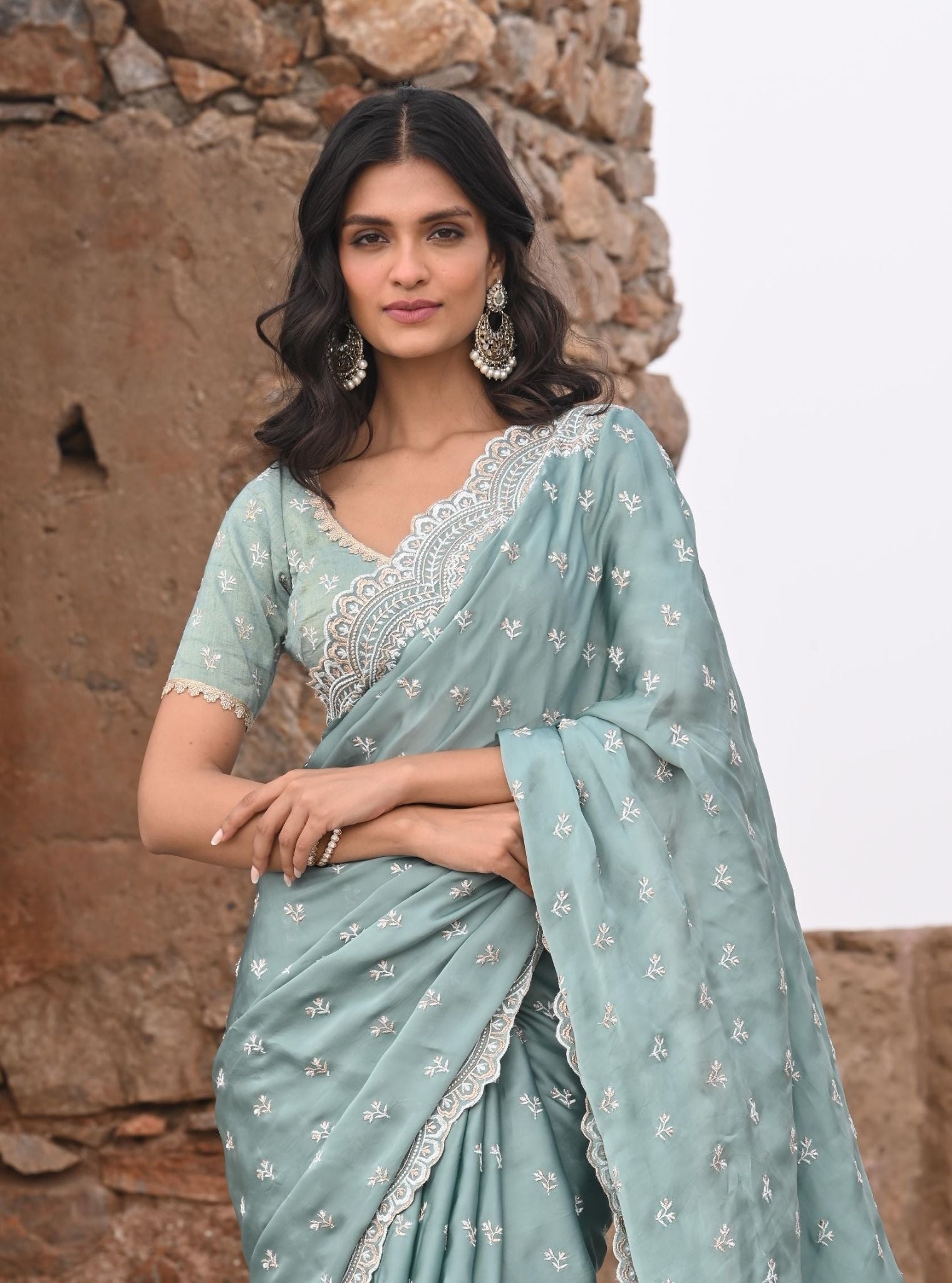 Mulmul Organza Satin Bindiya Teal Blue Saree