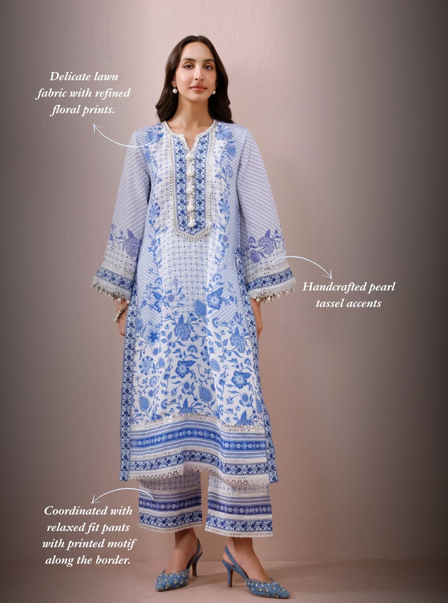 Olisha Lawn Off-white & Blue Kurta Set