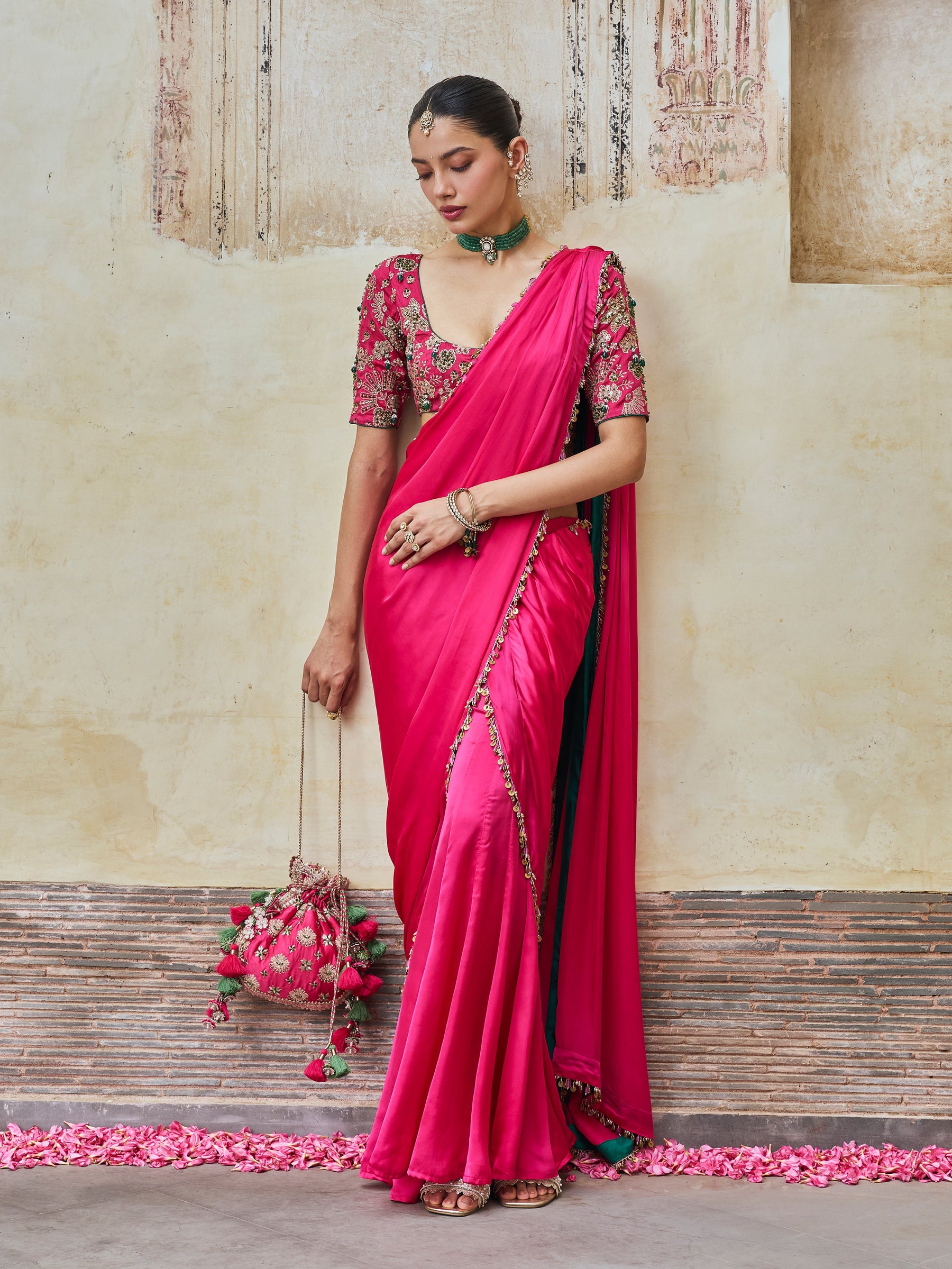 Saawari Cupro Satin Fuchsia Pre-draped Saree
