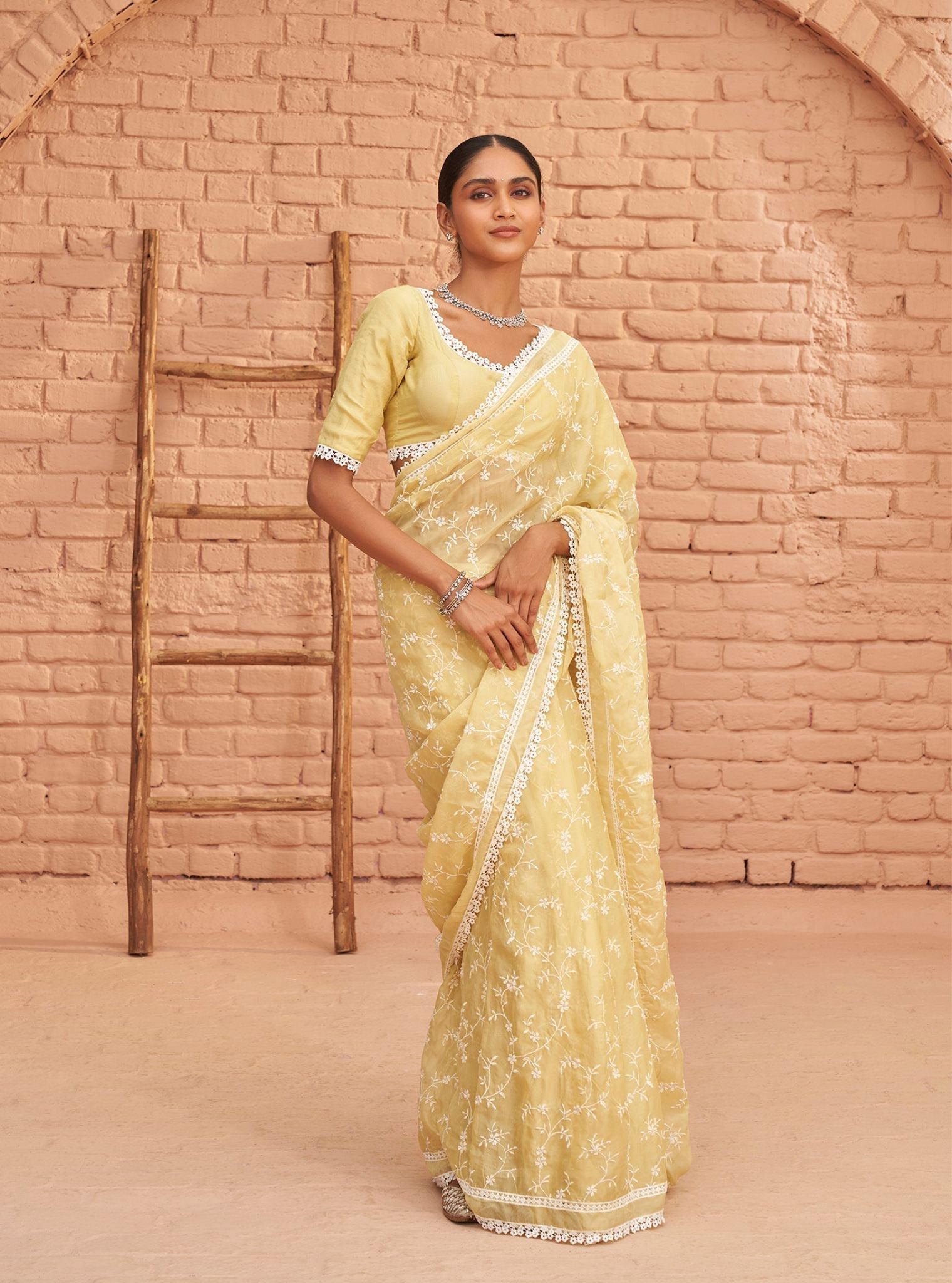 Mulmul Organza Romance Lime Saree