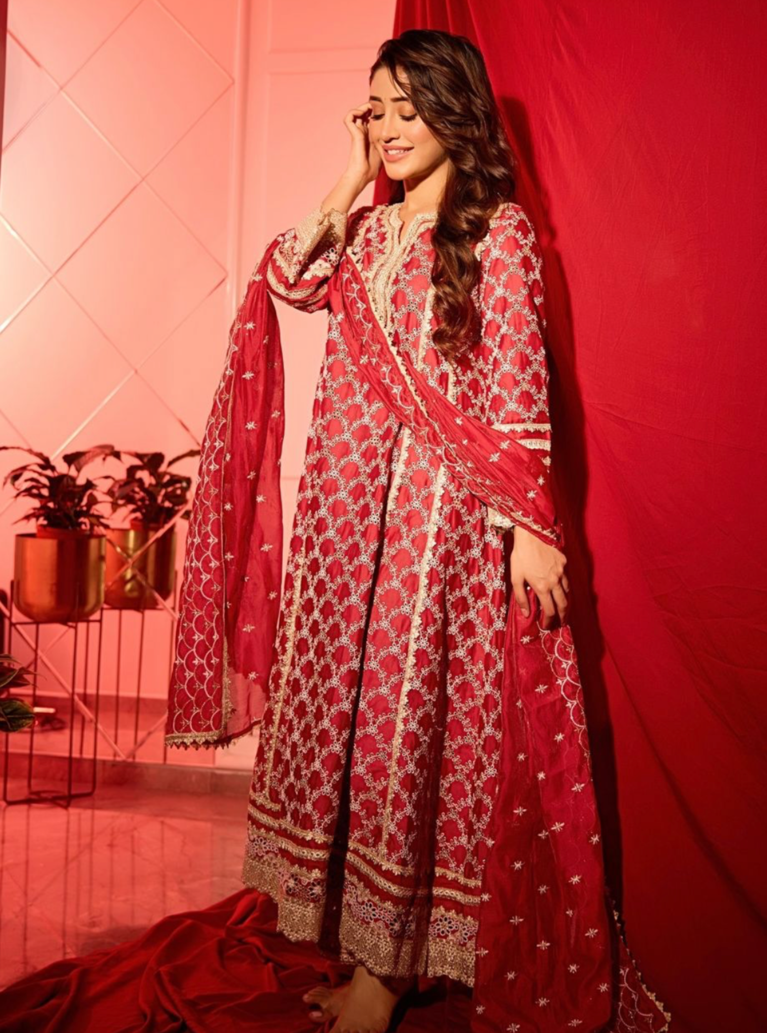 Mulmul Pima Satin Caem Red Kurta With Mulmul Pima Satin Caem Red Pant