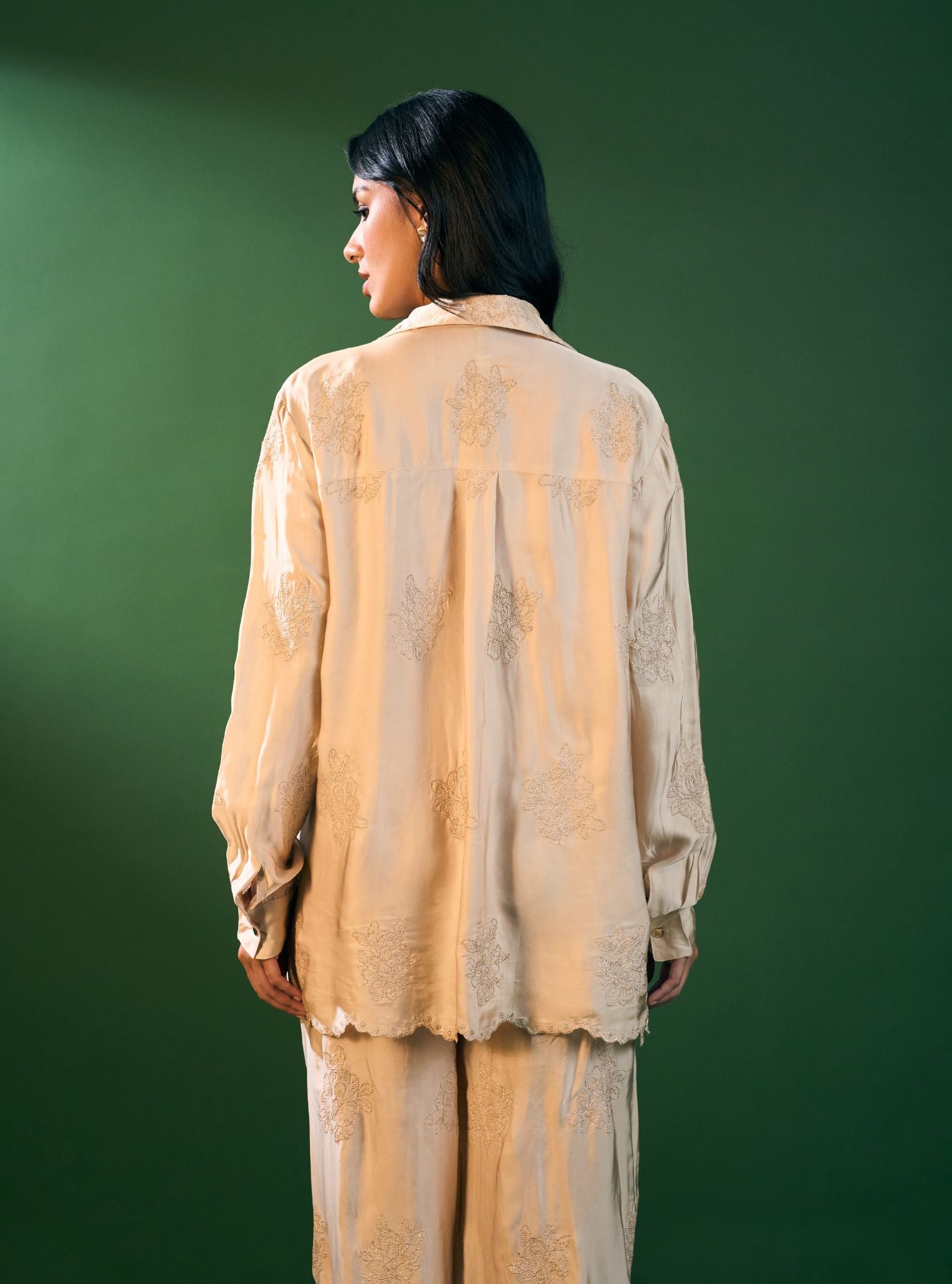 Mireille Cupro Satin Beige Shirt & Pant Set