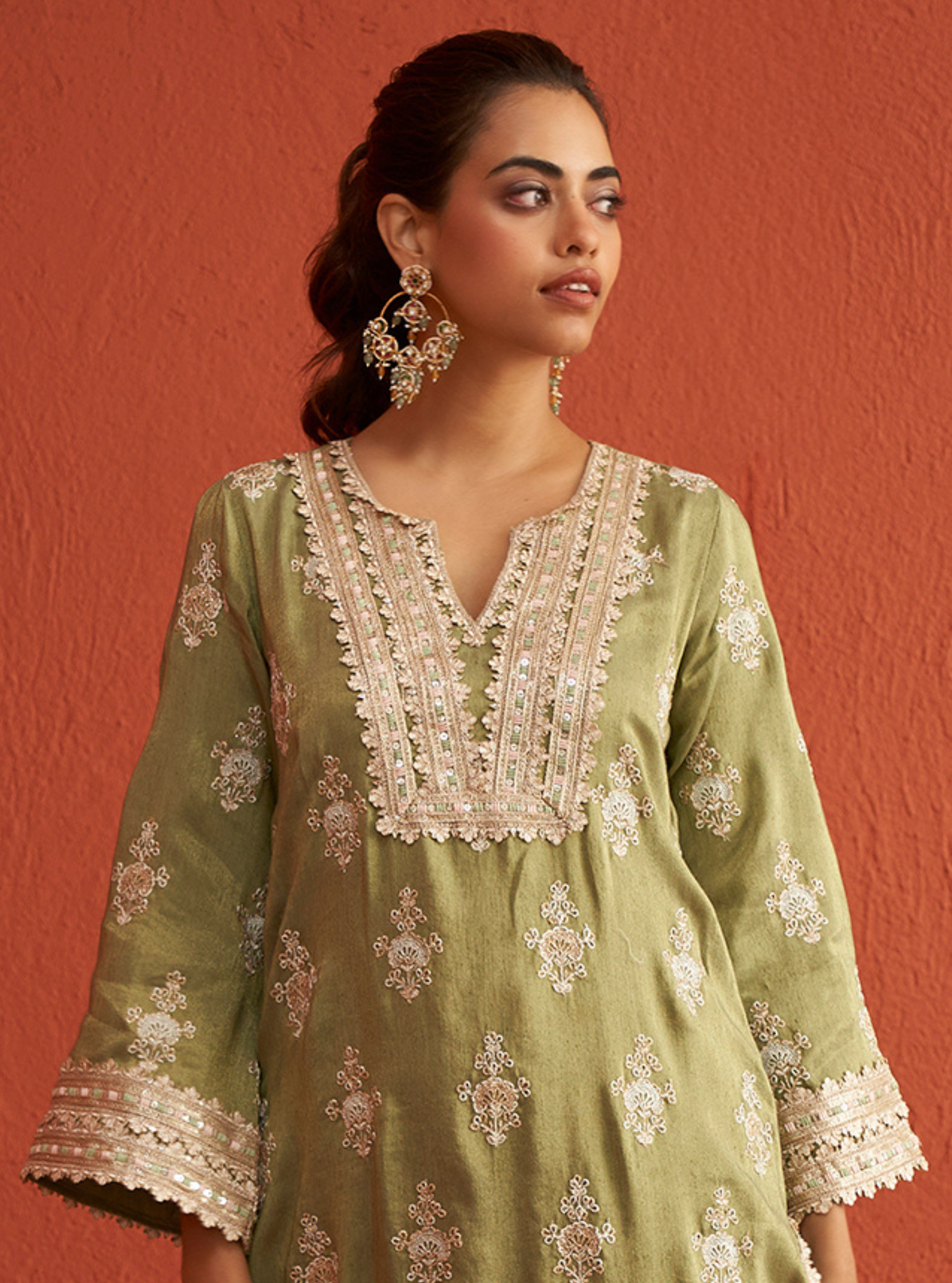 Mulmul Tissue Linen Satin Mitthi Sage Green Kurta With Mulmul Tissue Linen Satin Mitthi Sage Green Pant