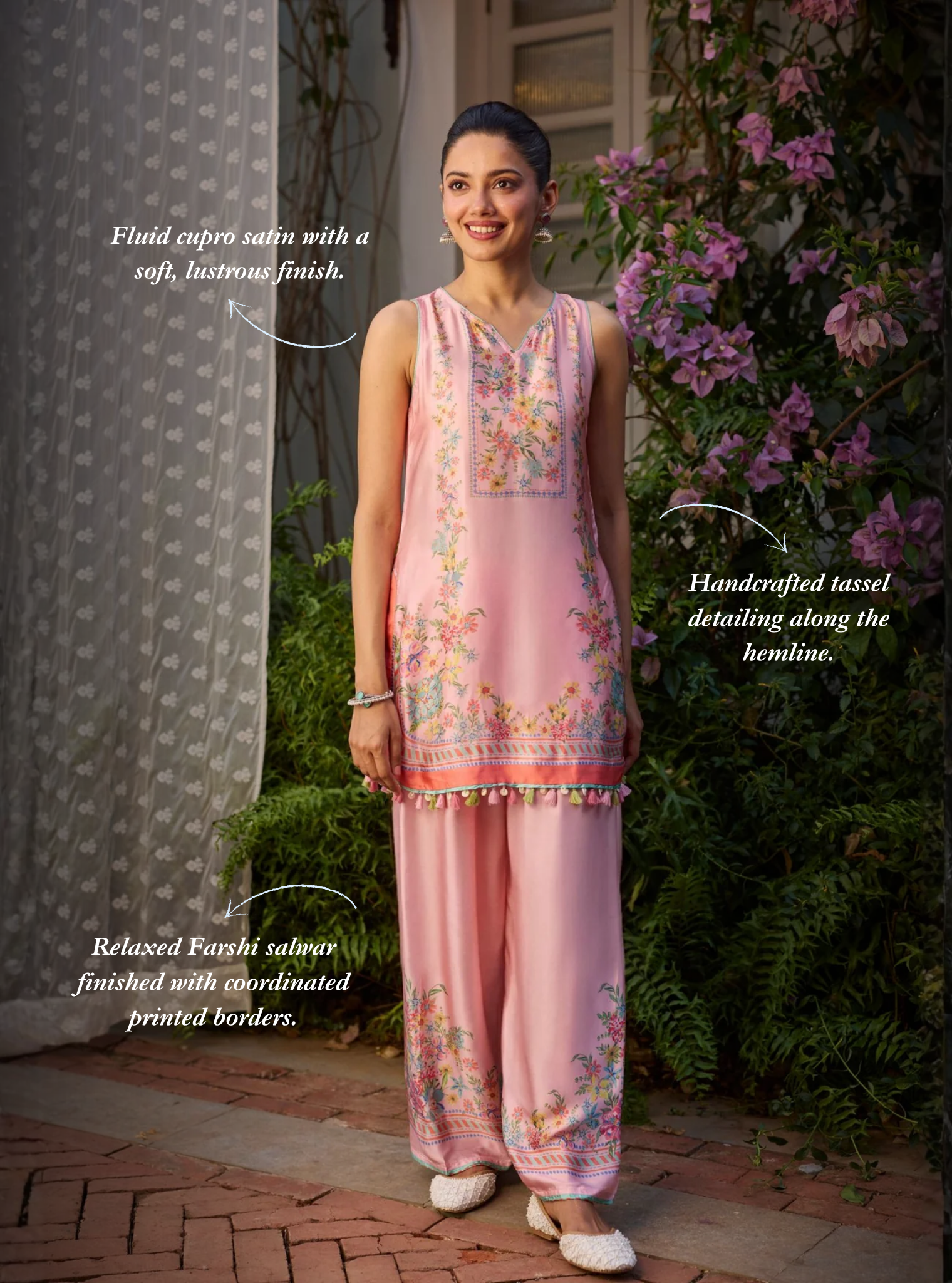 Zivae Cupro Satin Printed Pink Kurta With Farshi Salwar