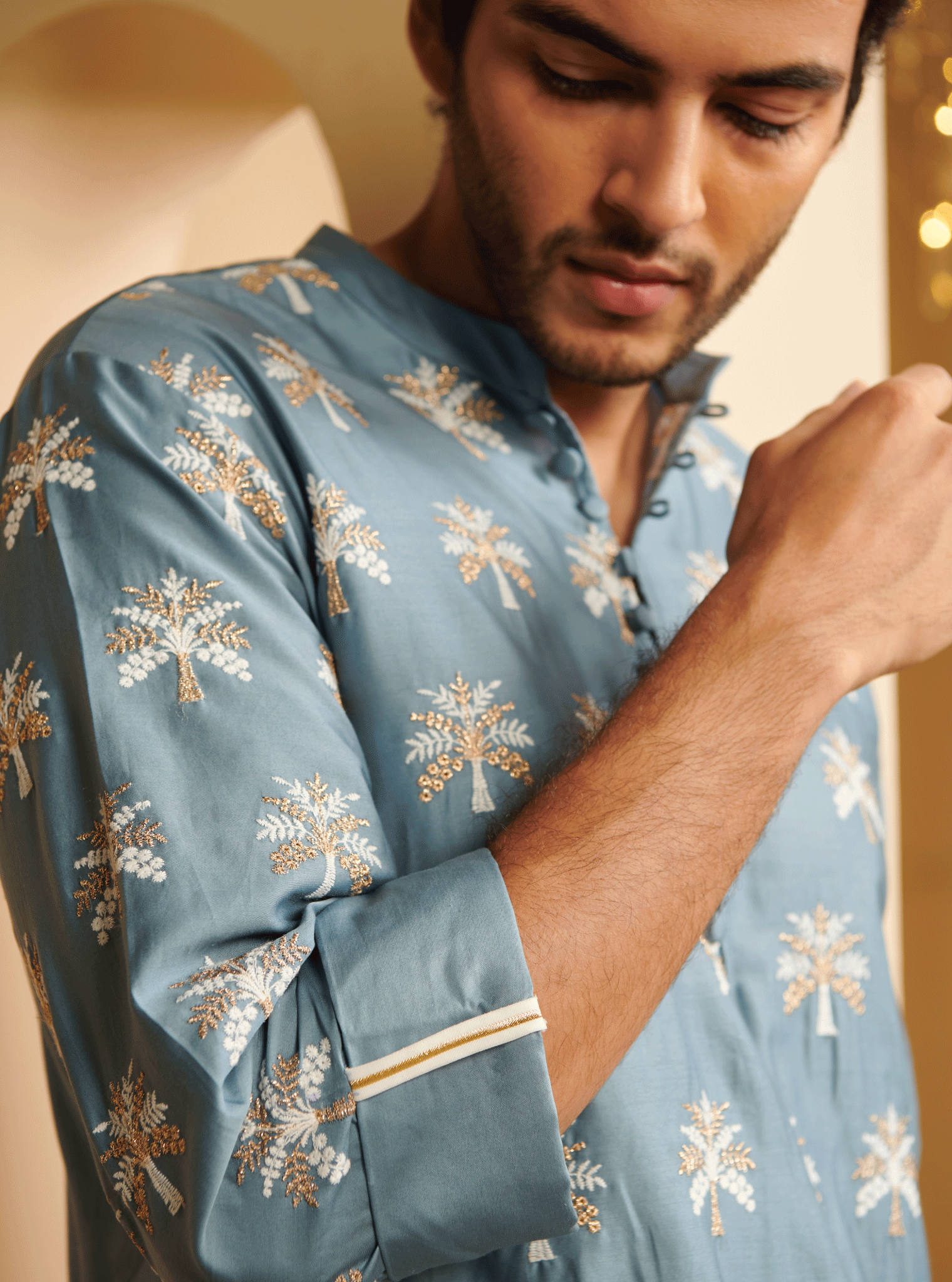 Mulmul Pima Satin Neo Denim Kurta With Mulmul Supima Cotton Neo White Pyajama