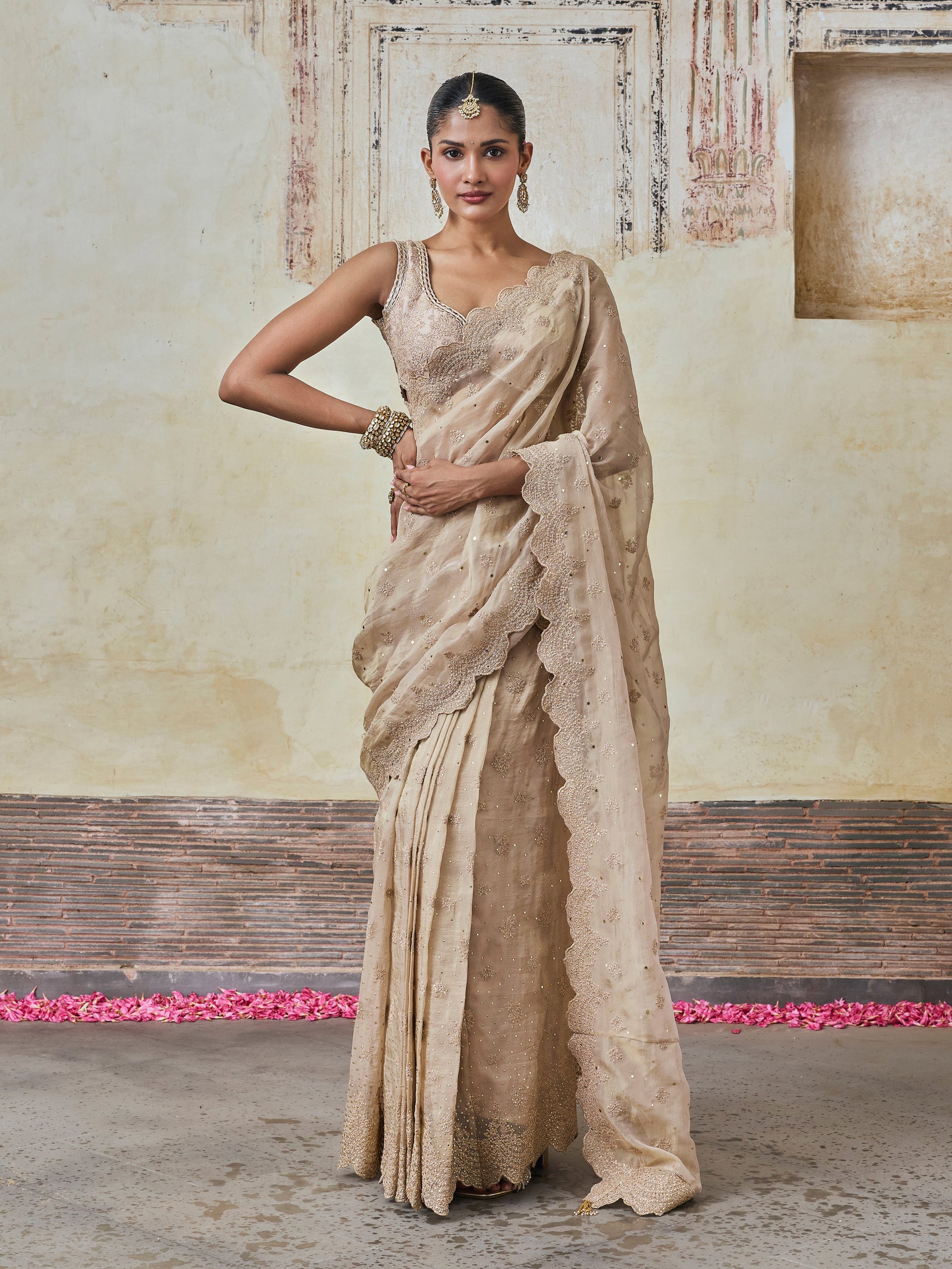 Adiva Lurex Organza Champagne Saree