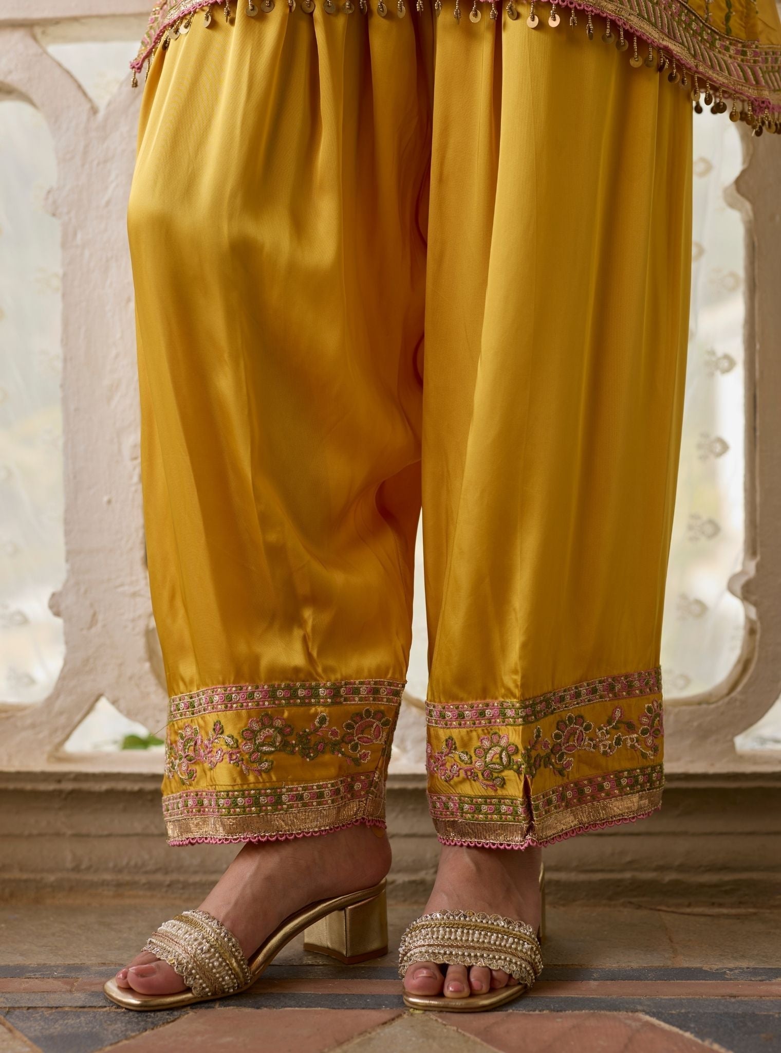 Pralika Bemberg Satin Mustard Kurta With Farshi Salwar