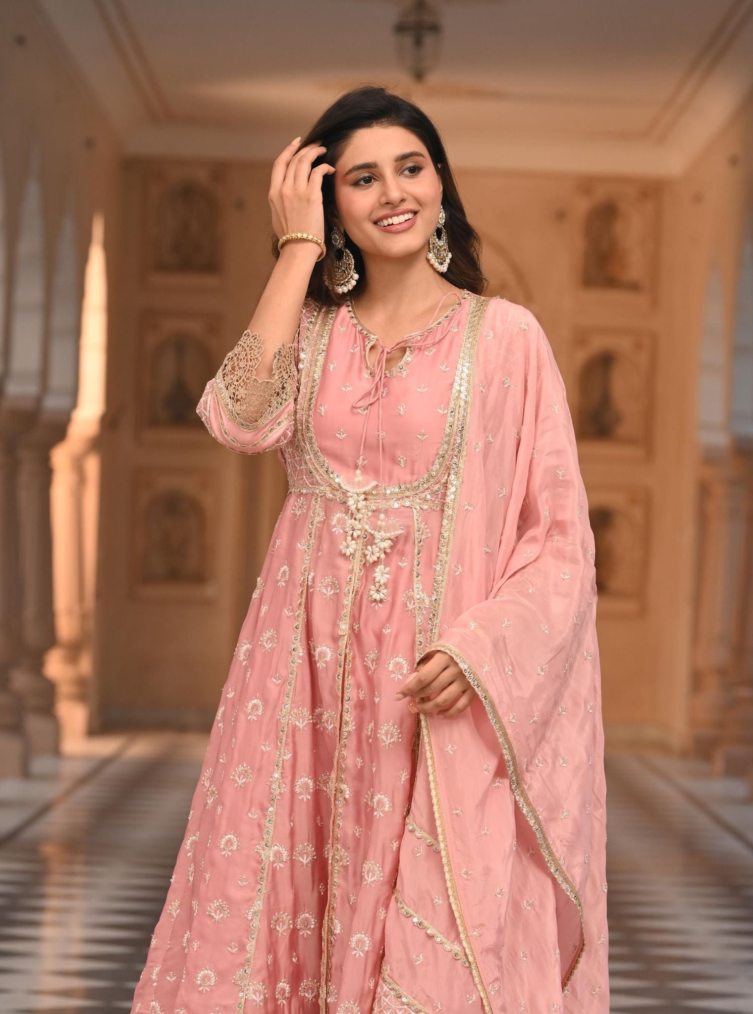 Mulmul Organza Satin Navrai Light Pink Anarkali Kurta with Mulmul Luxe Satin Navrai Light Pink Pant