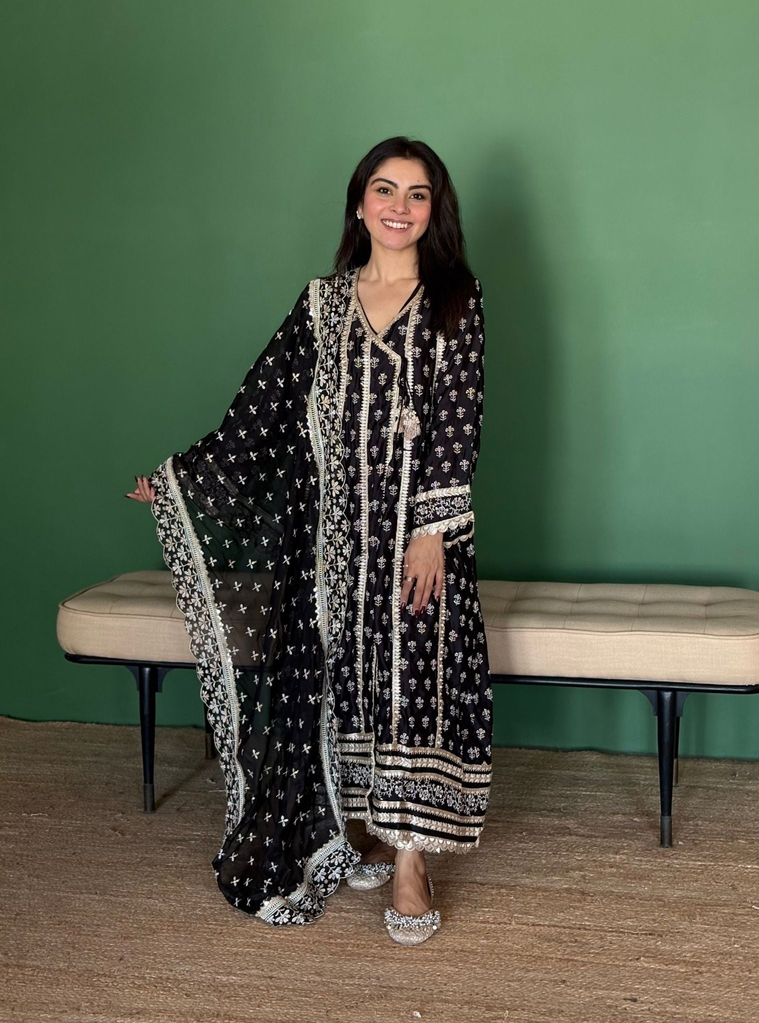 Patola Organza Satin Black Anarkali Kurta Set