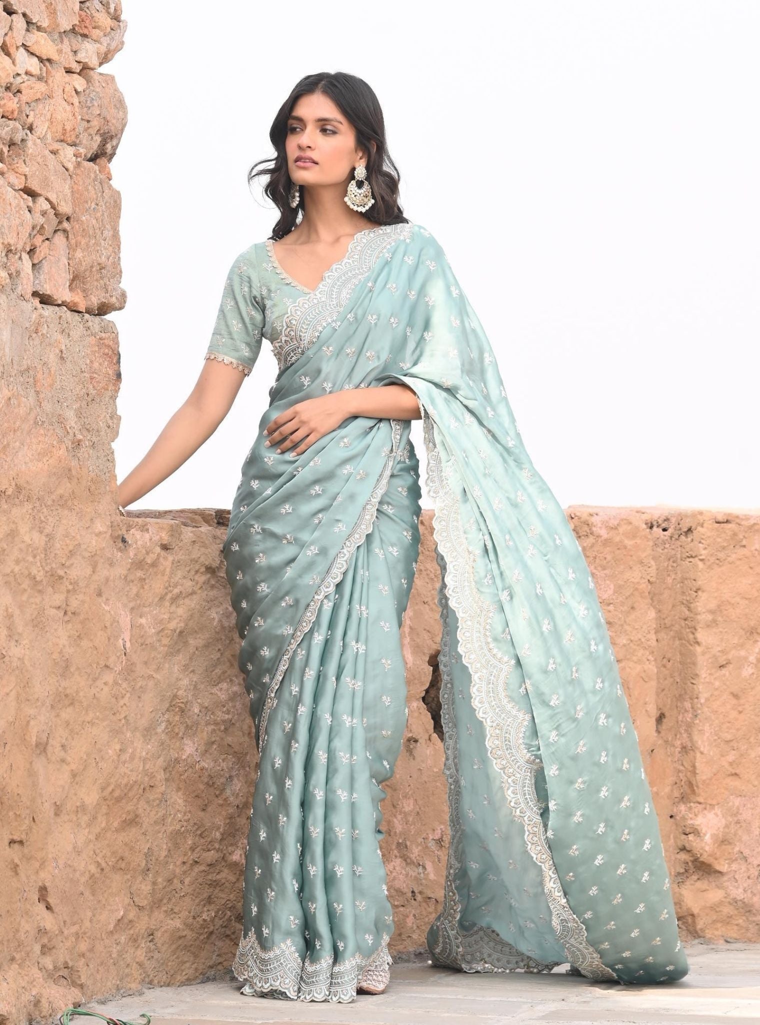 Bindiya Organza Satin Teal Blue Saree