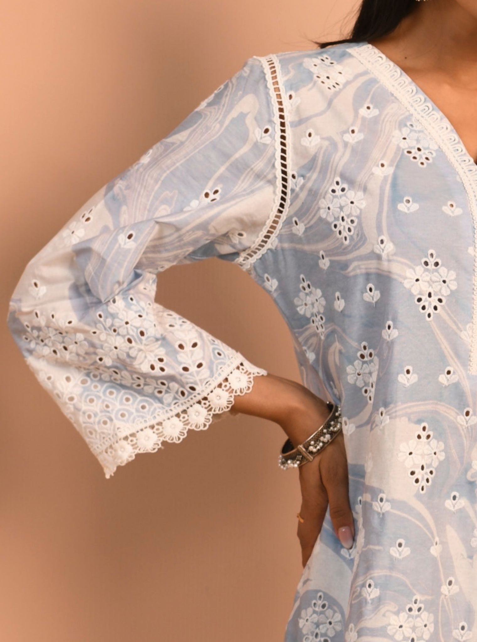 Mulmul Supima Cotton Marble Opal Blue Kurta