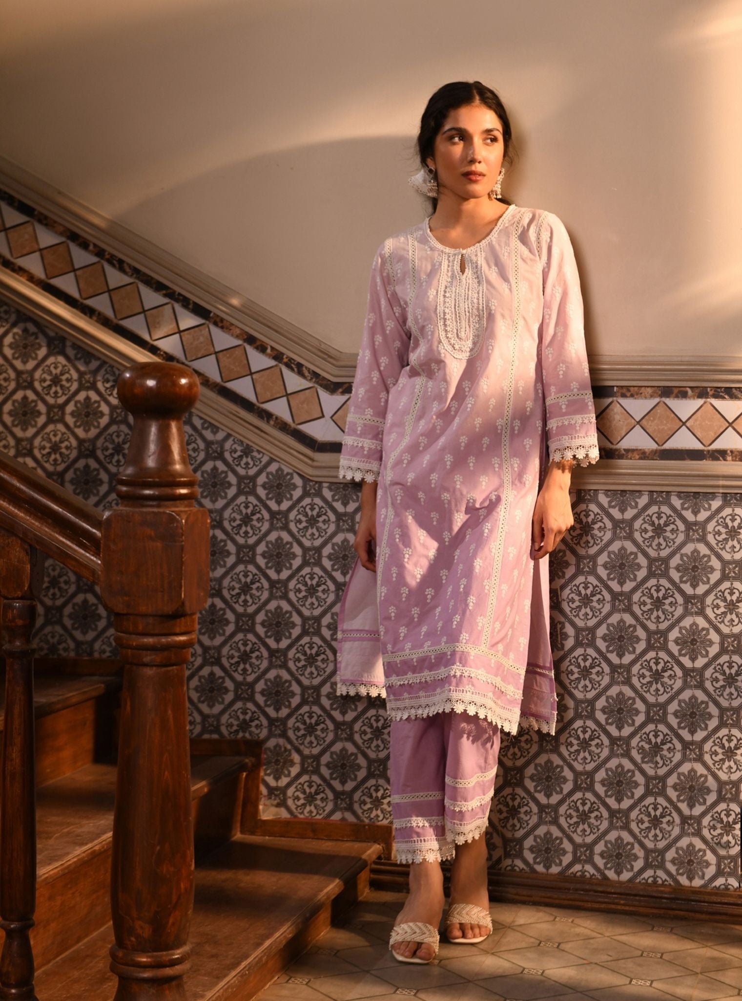 Mulmul Cotton Yami Lilac Kurta With Mulmul Cotton Yami Lilac Pant