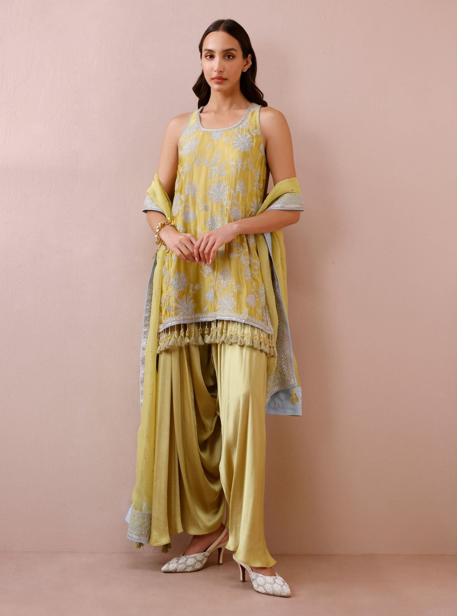 Zani Cupro Satin Lime Kurta with Draped Pants