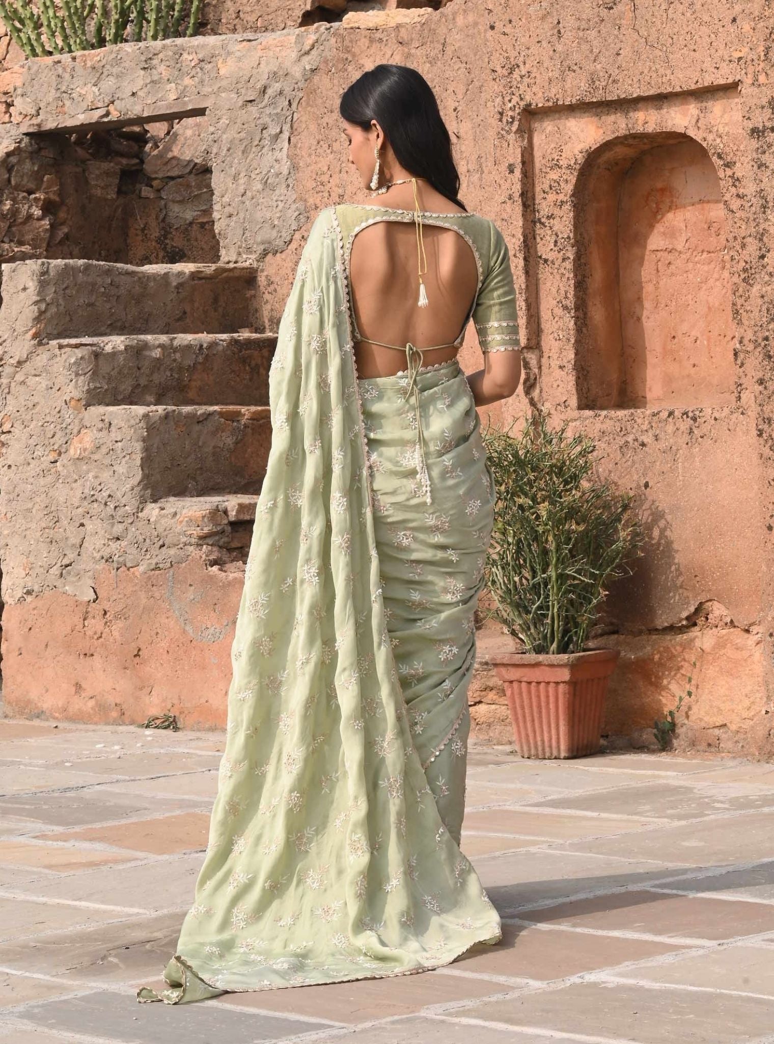 Mitwa Organza Satin Sage Green Saree