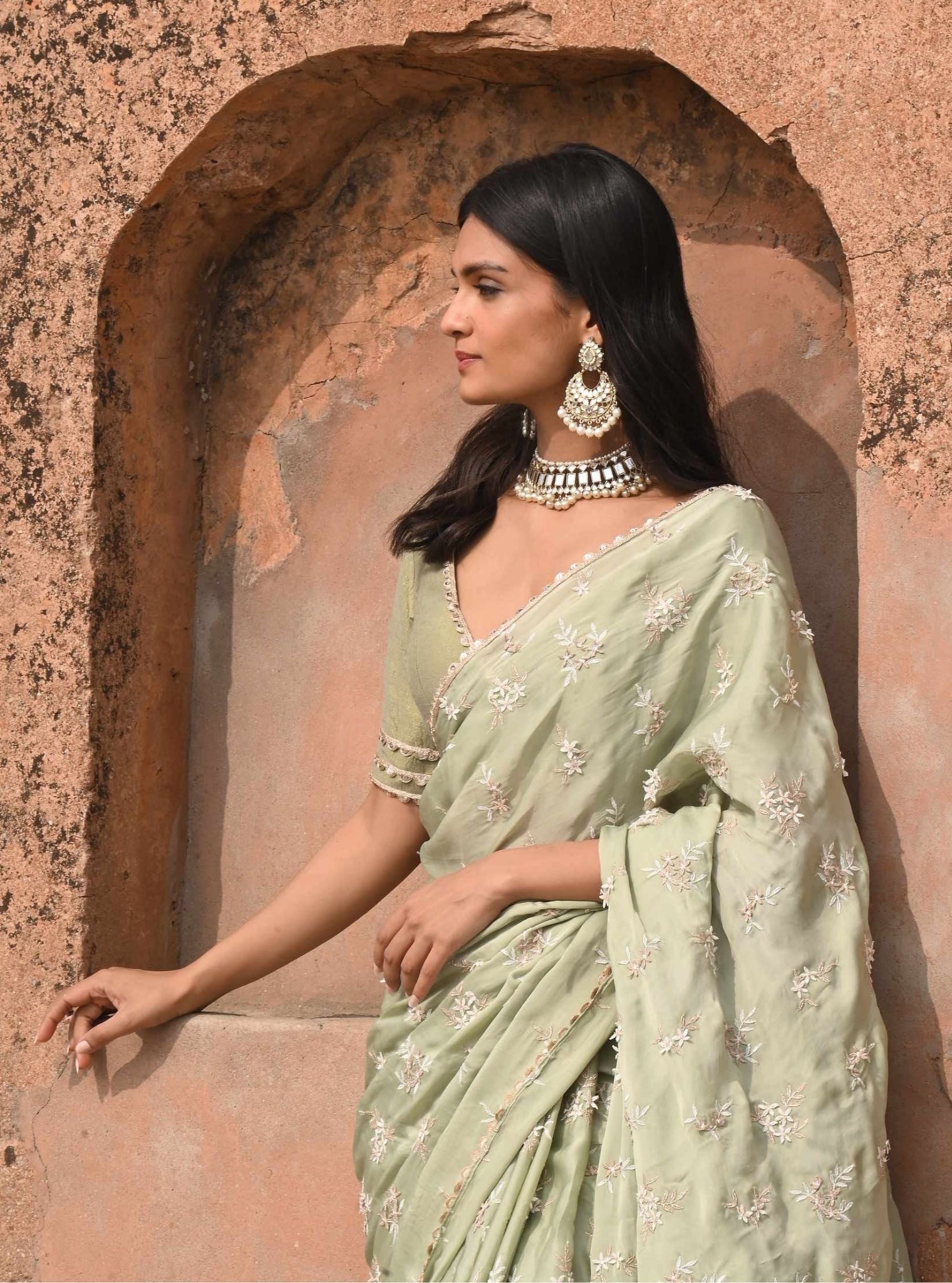 Mitwa Organza Satin Sage Green Saree