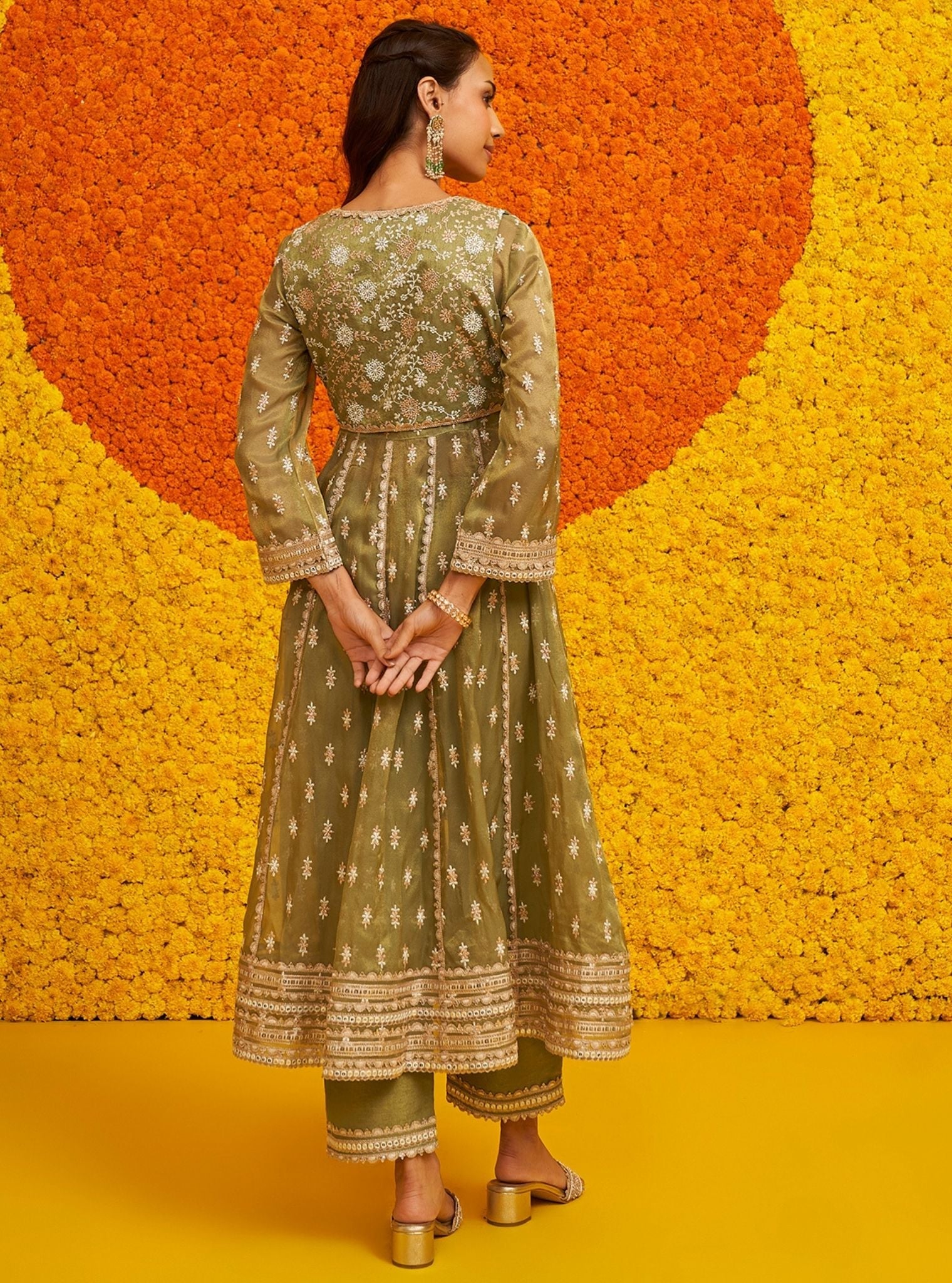 Mulmul Royal Tissue Genda Sage Green Anarkali Kurta With Mulmul Tissue Linen Satin Genda Sage Green Pant