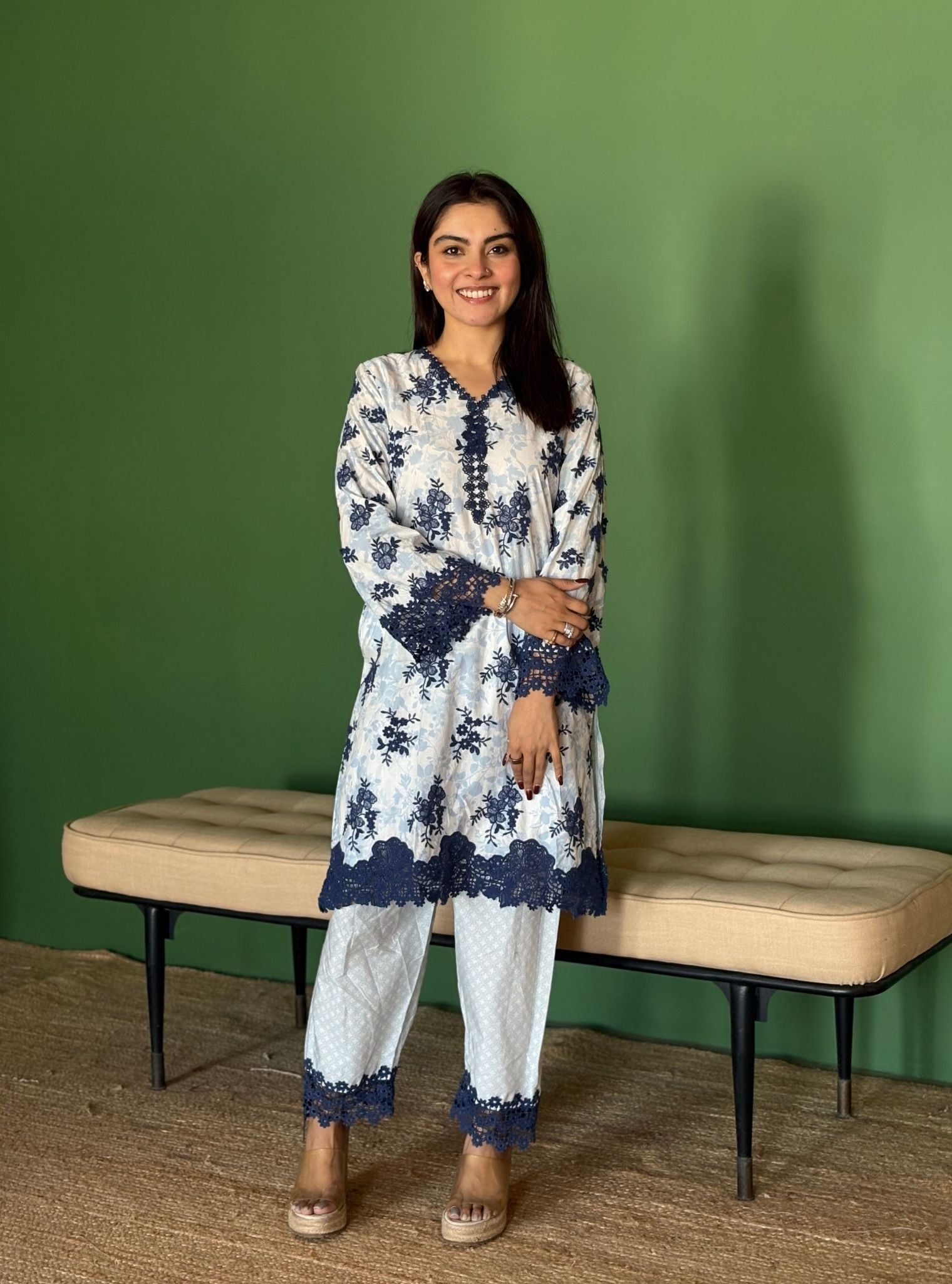 Yamya Supima Cotton Print Blue Kurta Set