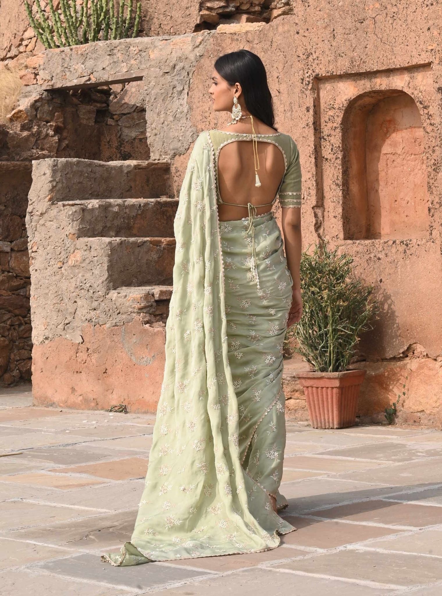 Mitwa Organza Satin Sage Green Saree