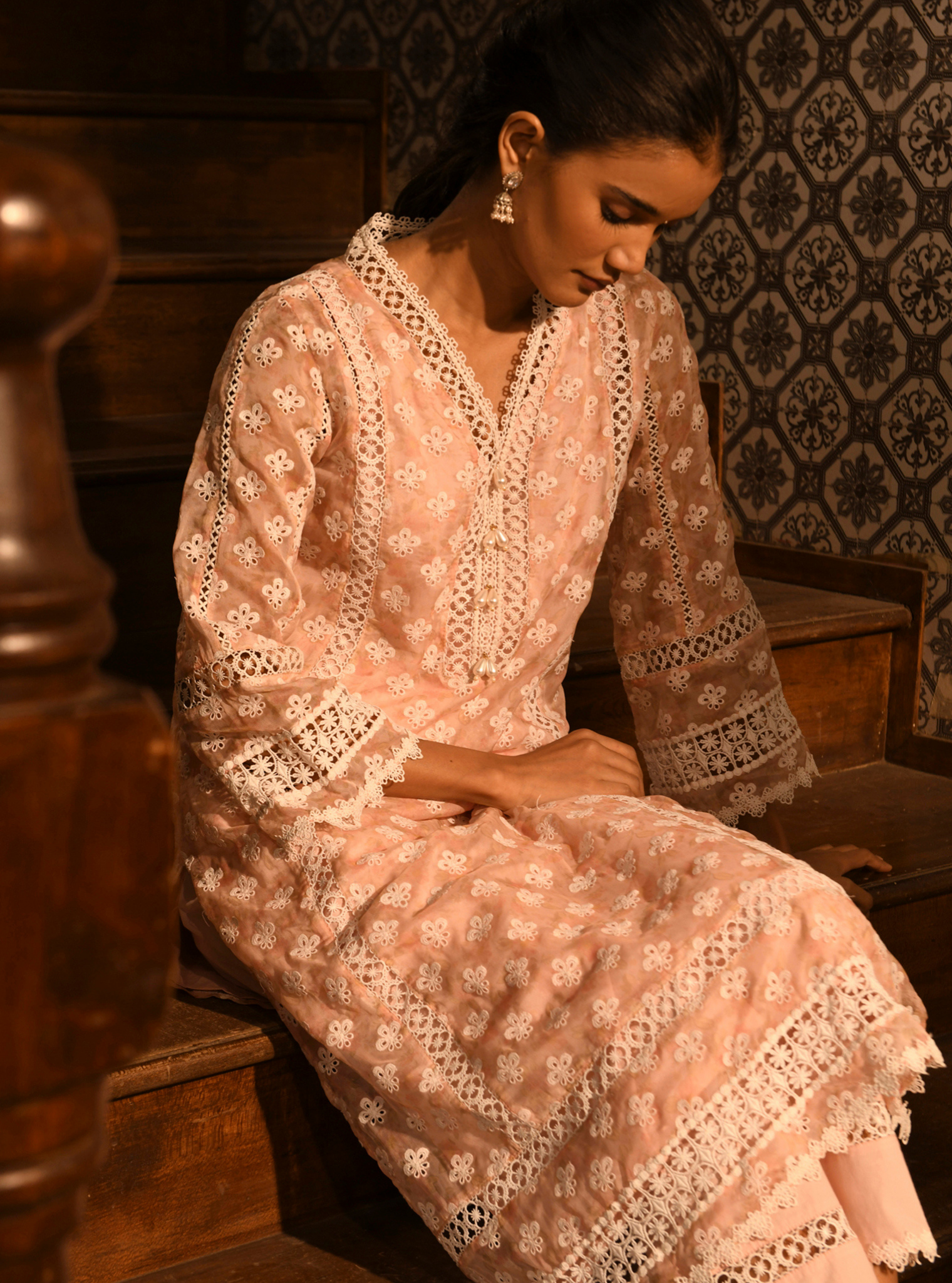 Mulmul Organza Mavi Pink Printed Kurta With Mulmul Cotton Mavi Pink Pant