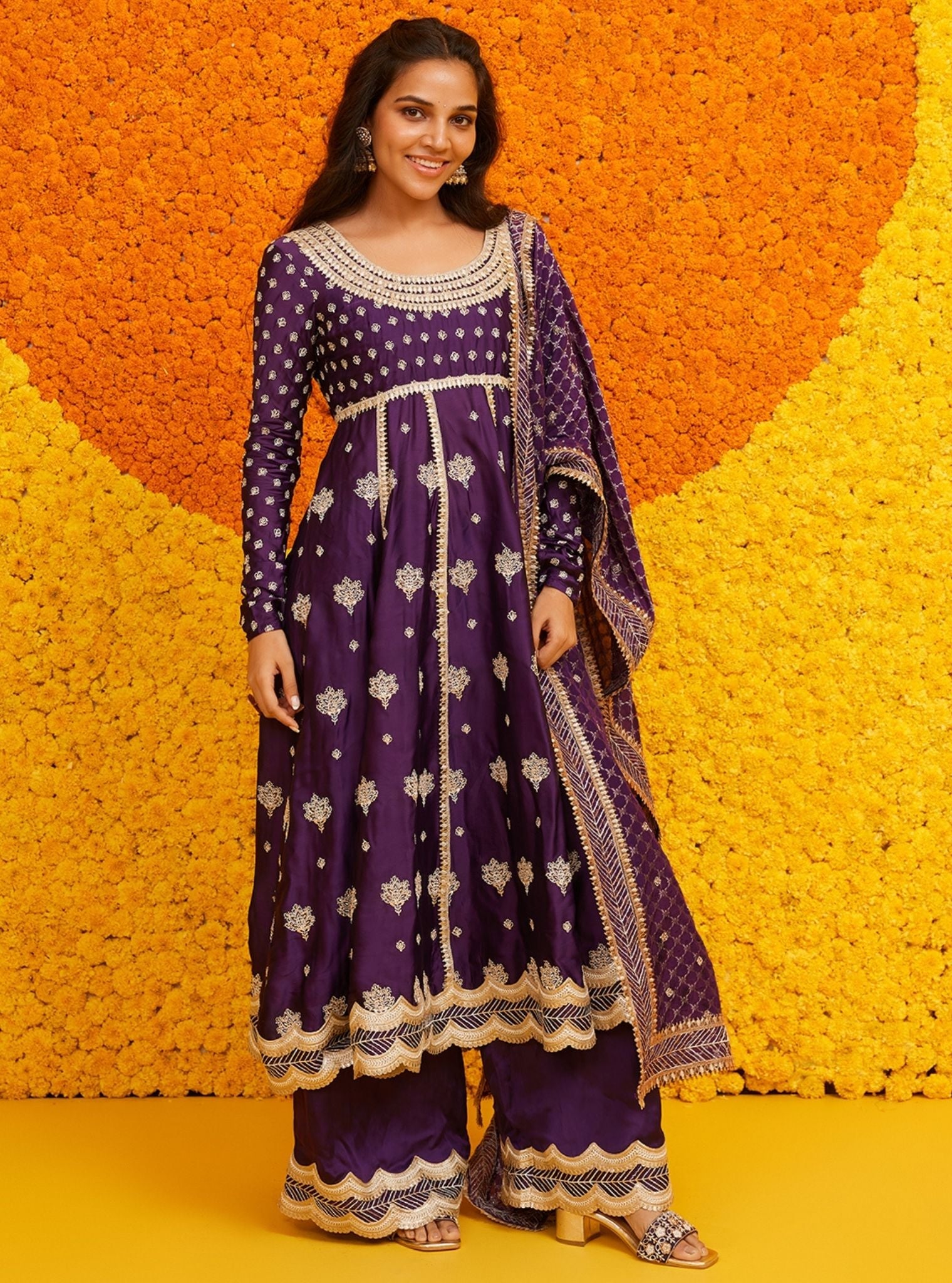 Mulmul Organza Satin Palki Purple Kurta With Mulmul Organza Satin Palki Puple Pant