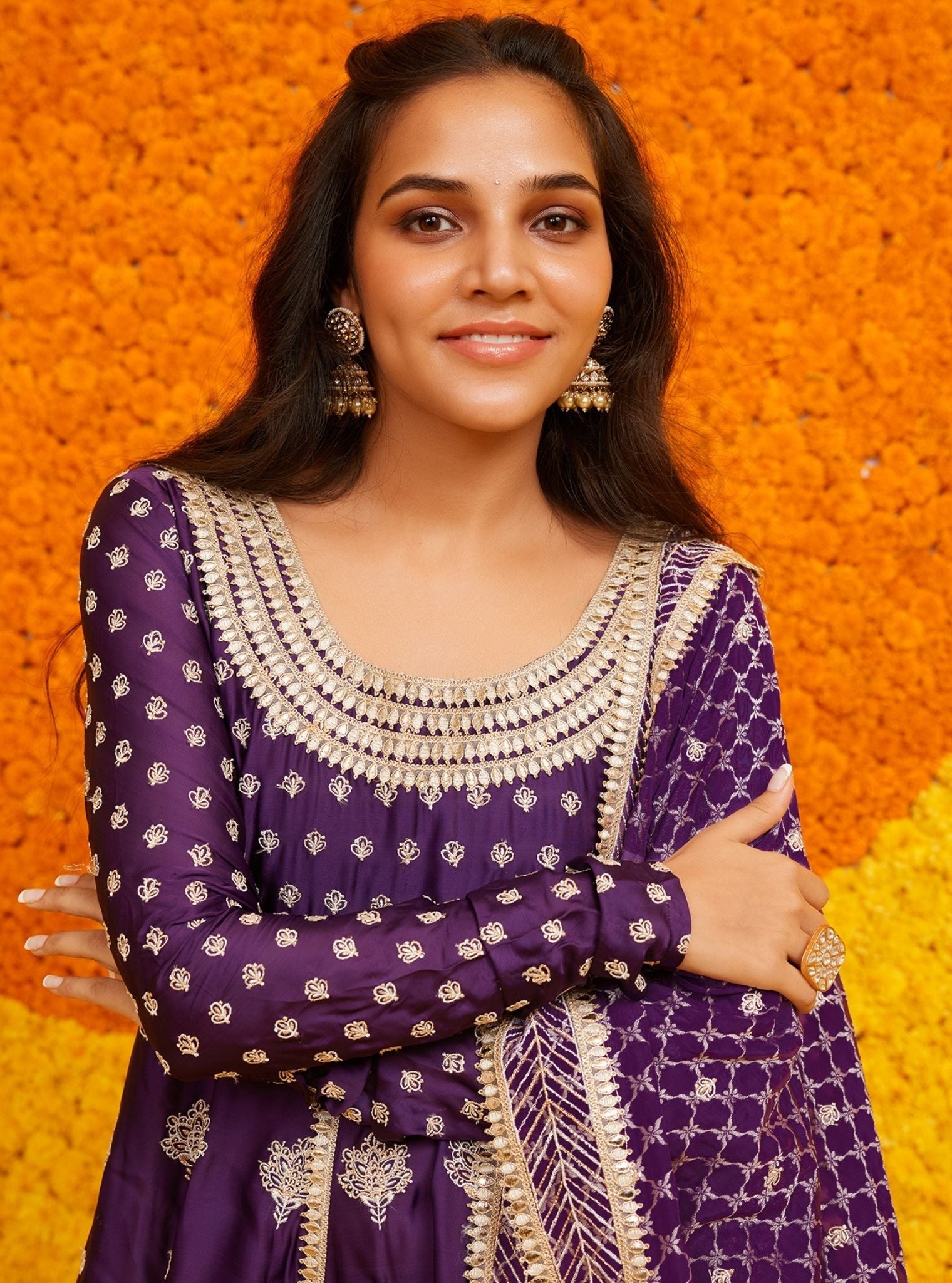 Mulmul Banarsi Geometrical Palki Purple Dupatta