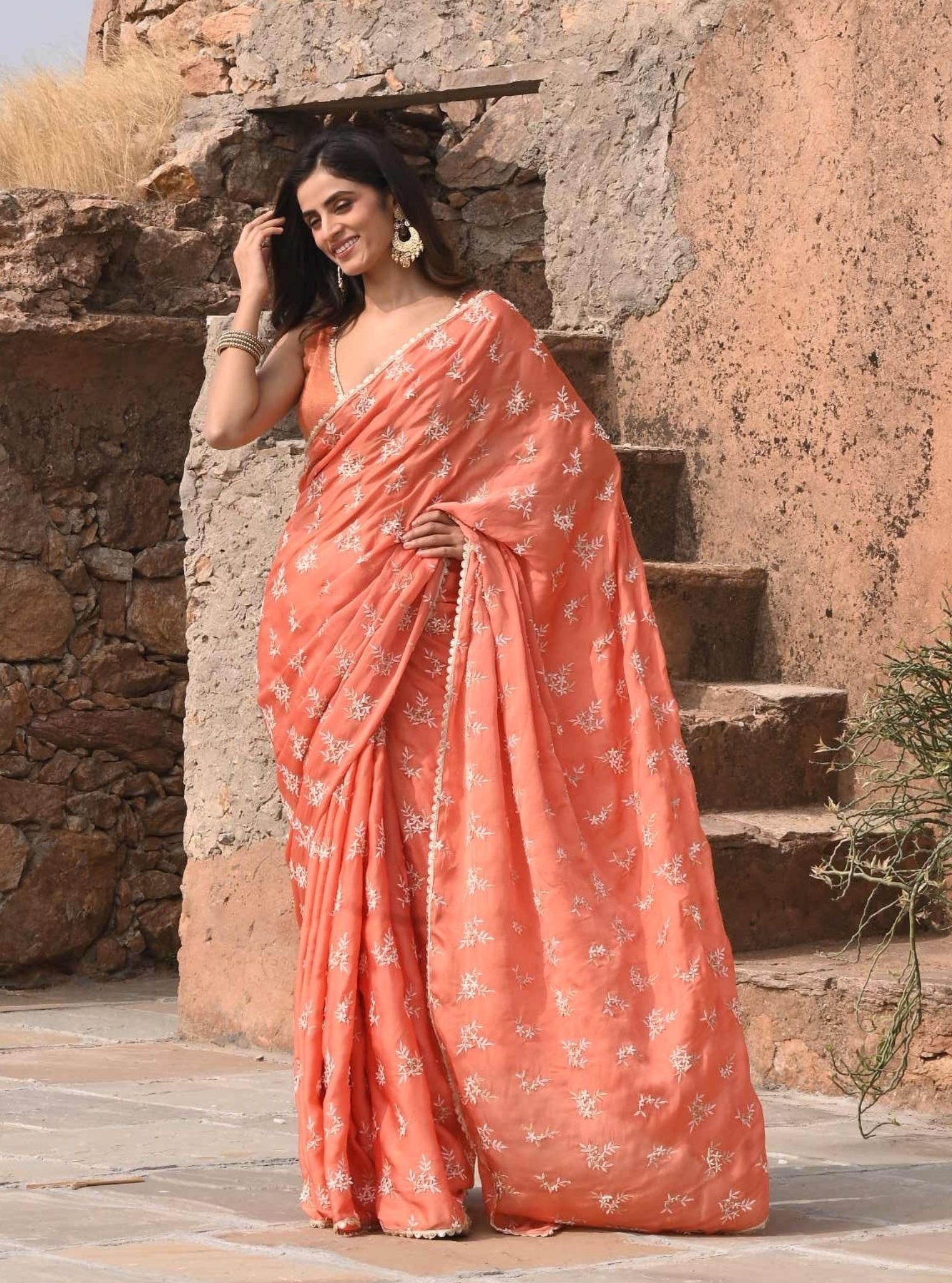 Mulmul Organza Satin Mitwa Burnt Orange Saree