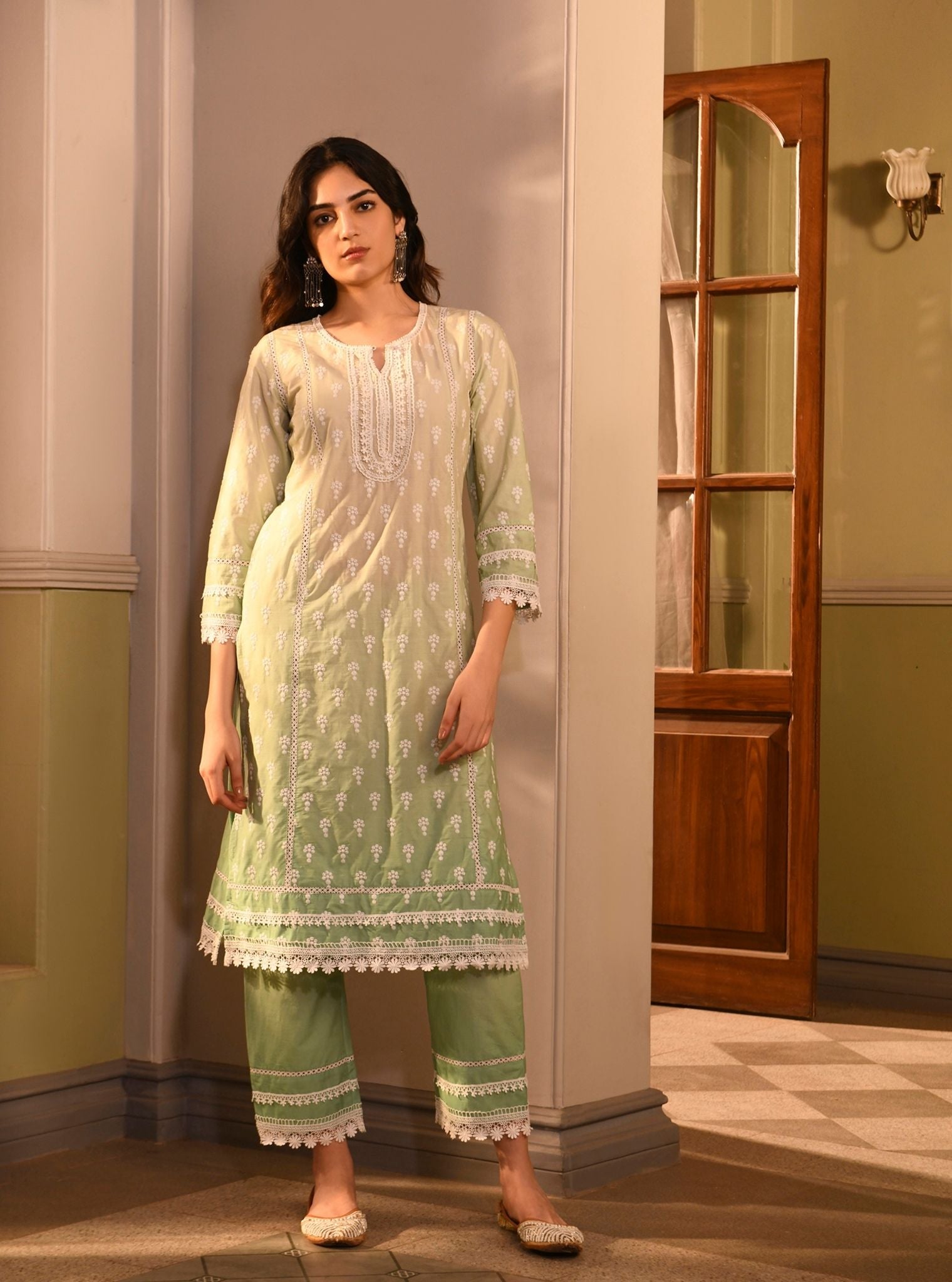 Mulmul Cotton Yami Green Kurta With Mulmul Cotton Yami Green Pant