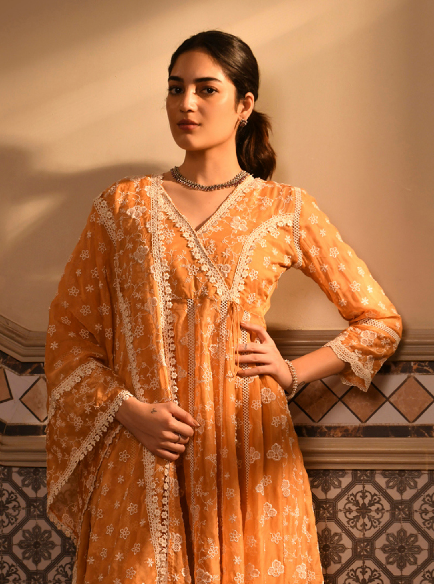 Mulmul Organza Bolour Orange Kurta With Mulmul Cotton Bolour Orange Pant