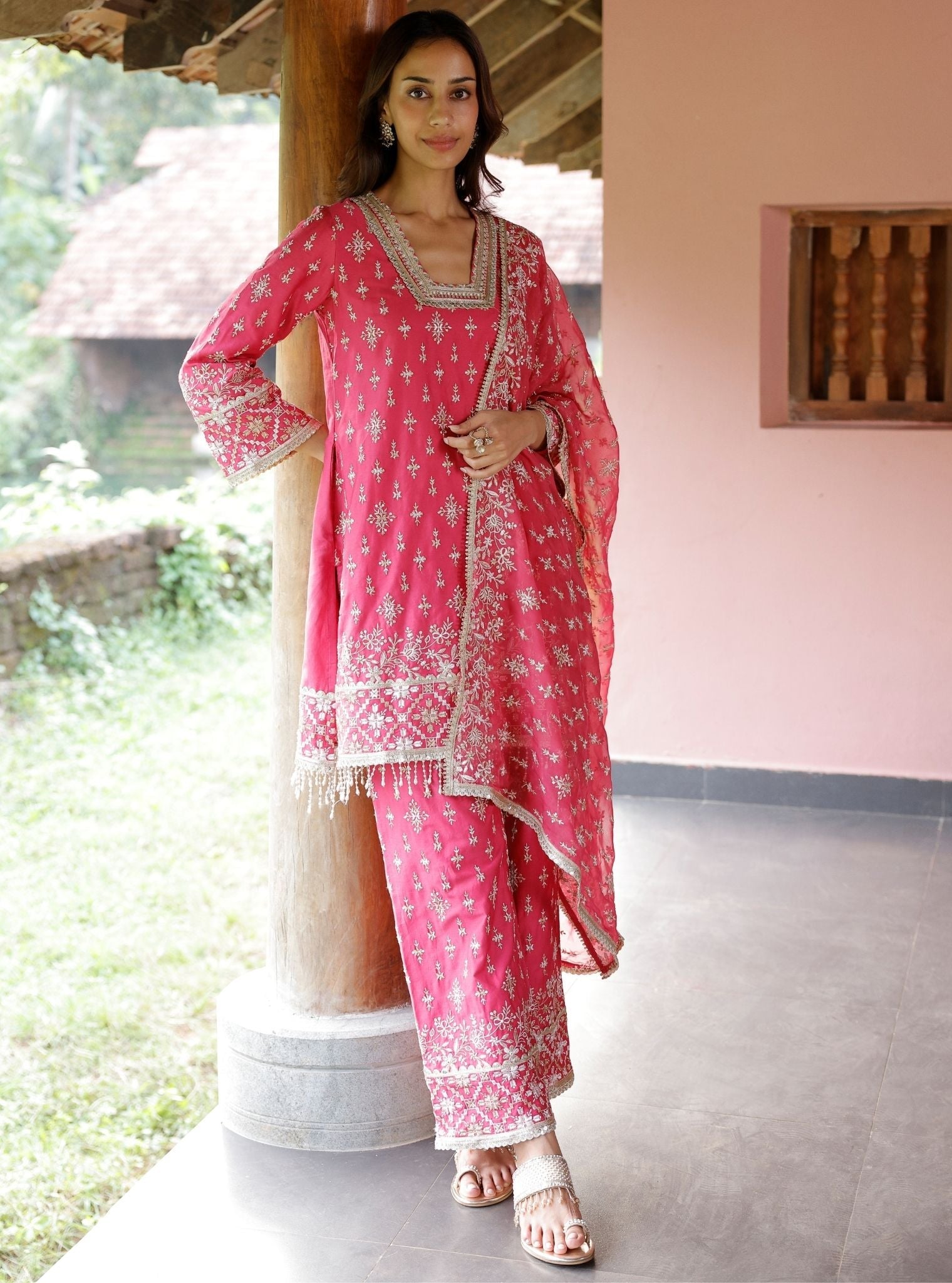 Mulmul Pima Satin Kalander Fuchsia Kurta With Mulmul Pima Satin Kalander Fuchsia Pant